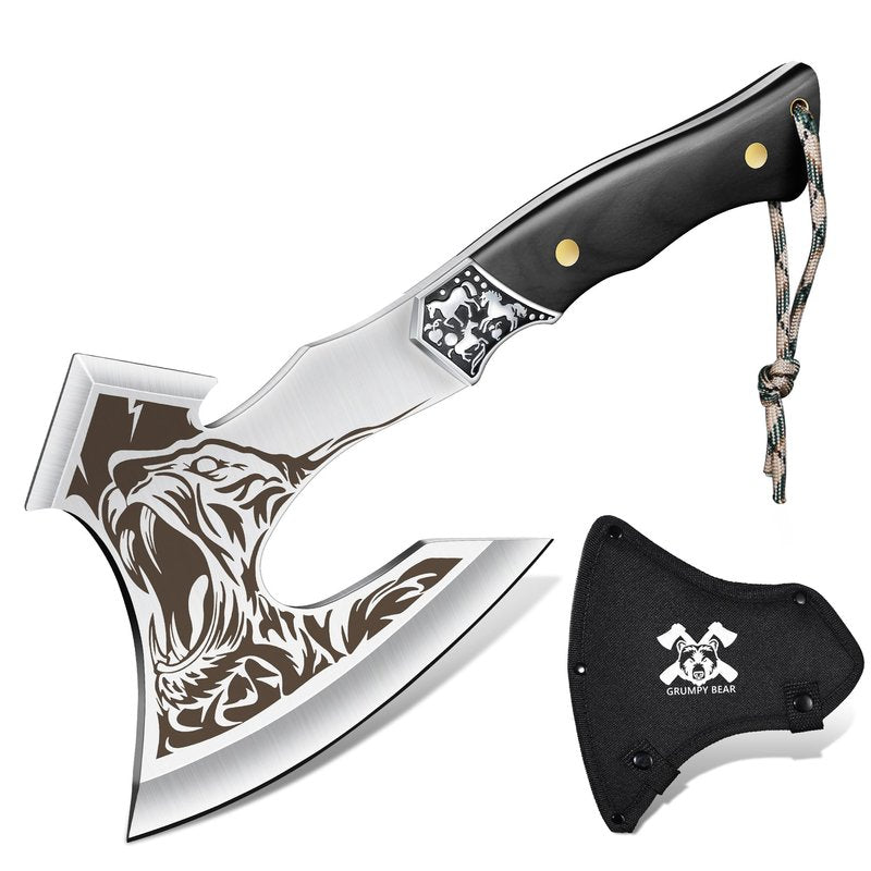 Grumpy Bear Tactical Axe, Camping Survival Hatchet, Full Tang Tomahawk with Sheath, Multifunctional Outdoor Hiking Heavy Duty Hatchet for Emergency, Hiking and Camping, for Men Women