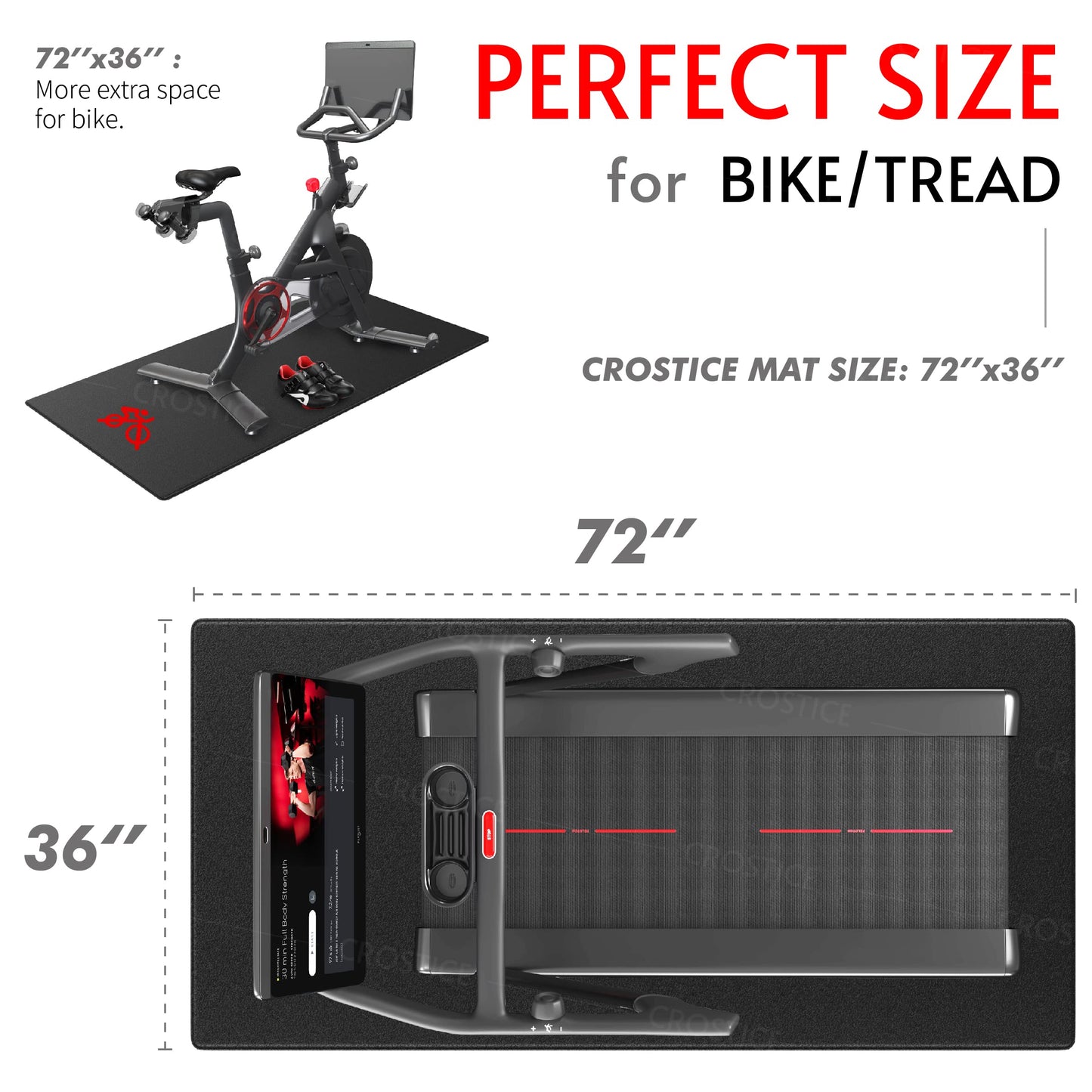 Crostice Bike Trainer Mat Compatible with Peloton Bike, for Treadmill & Row, THK 6mm, Under Mat Protect Hardwood Floor Carpet, Trainer Accessory for Indoor Stationary Exercise Bicycle