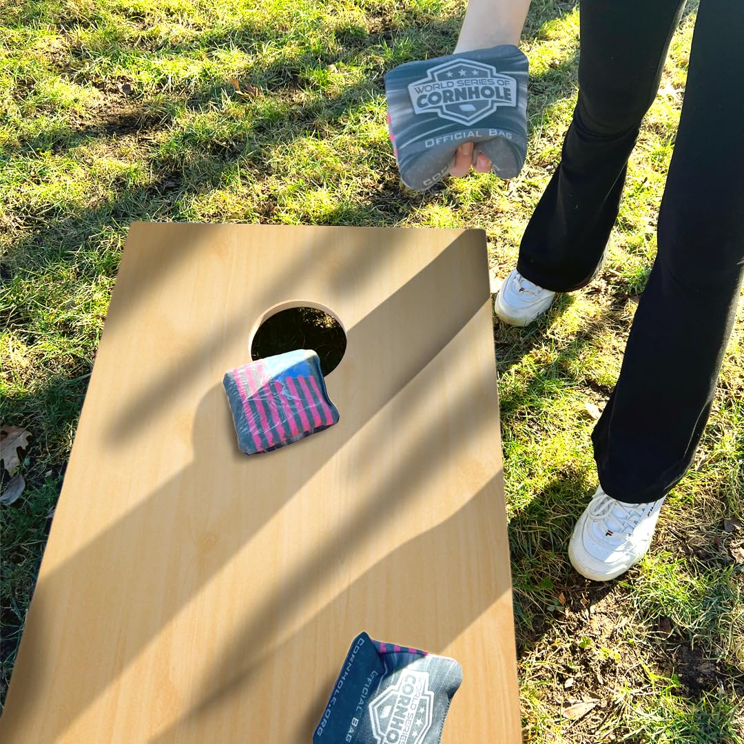 World Series of Cornhole Regulation Woodgrain Cornhole Set - 4'x2' Solid Wood Lightweight Outdoor Corn Hole Toss Game with 8 Bags and Carrying Case.
