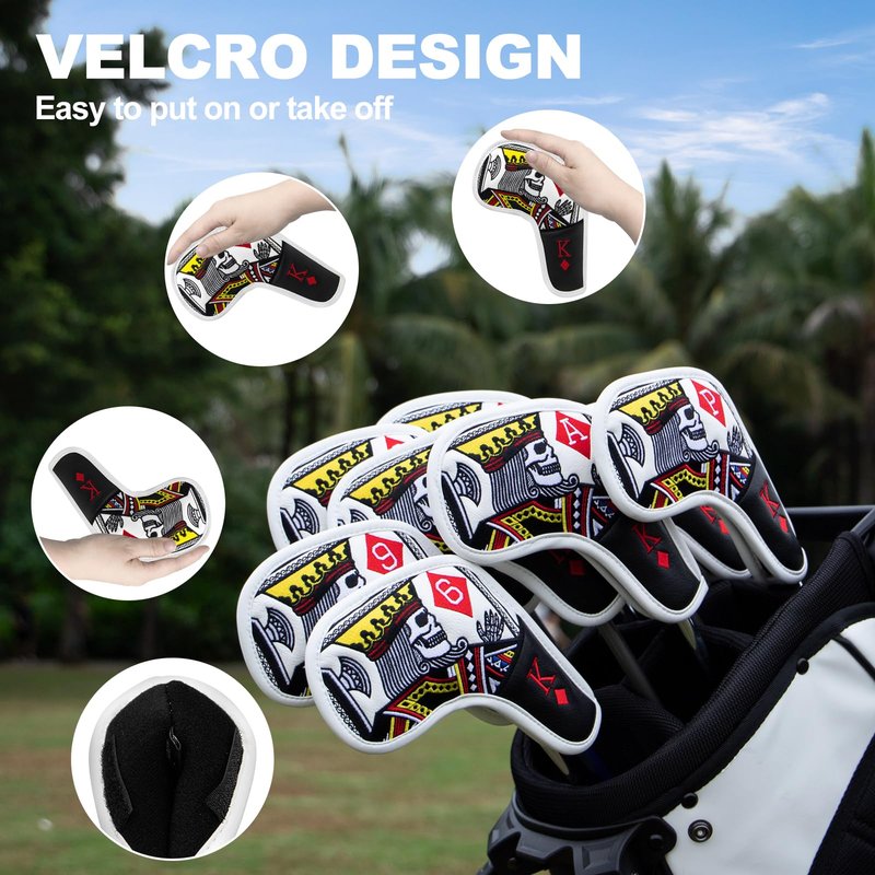 BAIRBRE Golf Club Covers Poker Diamond King Driver Cover Fariway Wood Headcover 3 Hybrid Head Covers Blade Putter Cover Mallet Putter Haedcovers with Magnetic Closure for Most Brand (Golf Iron Covers)