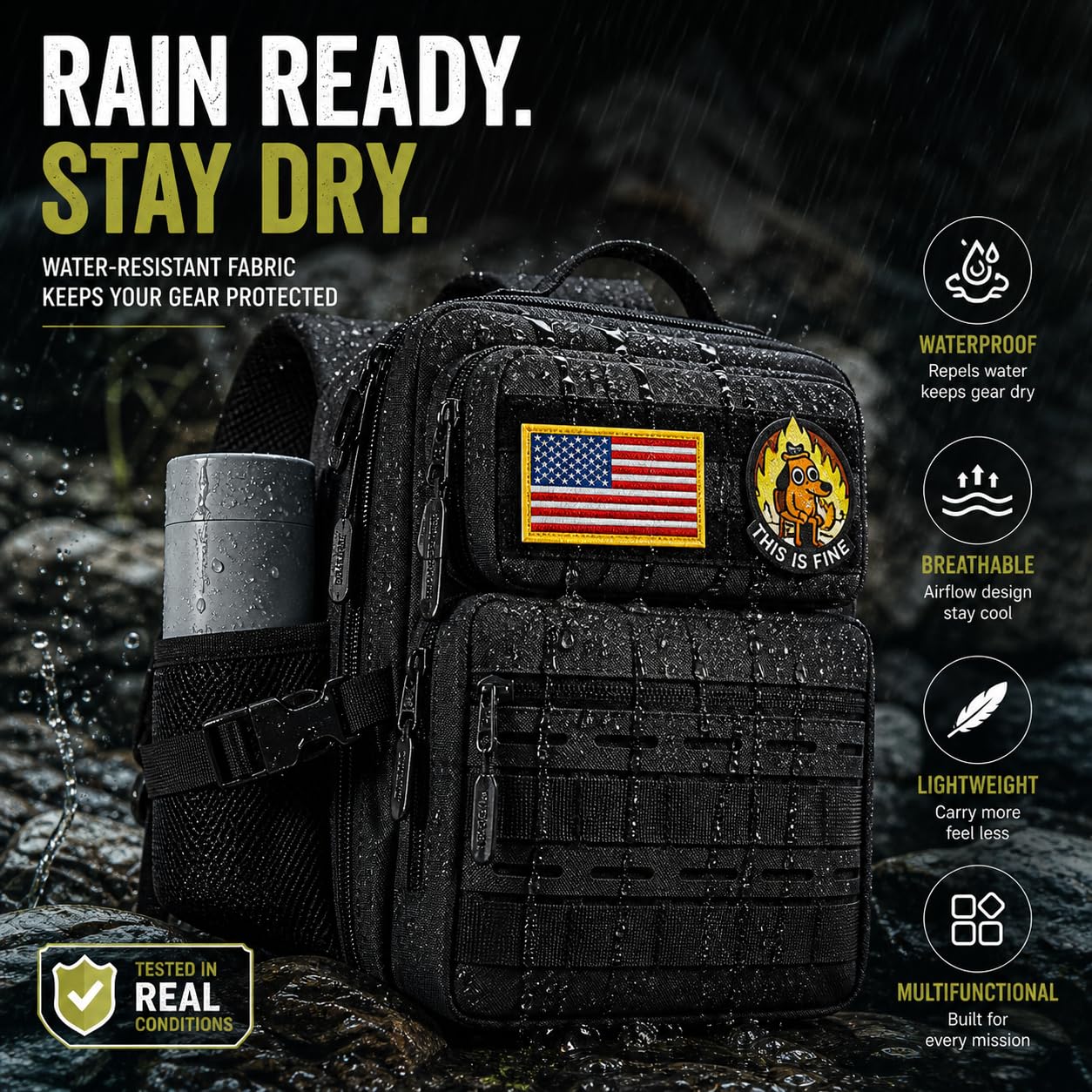 flipfit 9L Mini Tactical Backpack Small Military Gym Bag for Men Women Molle Daypack Camping Backpack with Patch (Black)