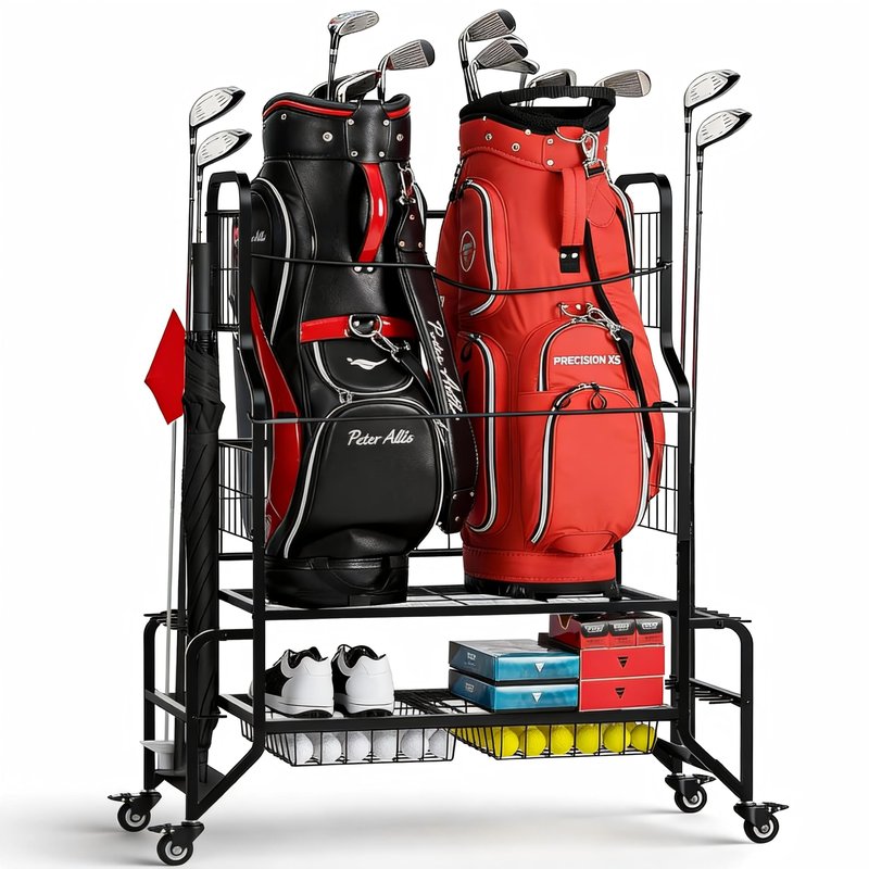 Fitpoint Golf Bag Storage Garage Organizer Golf Bag Stand Fits 2 Bags Extra Clubs Balls Shoes Golf Equipment Accessories Golf Storage Rack for Garage Club Shed
