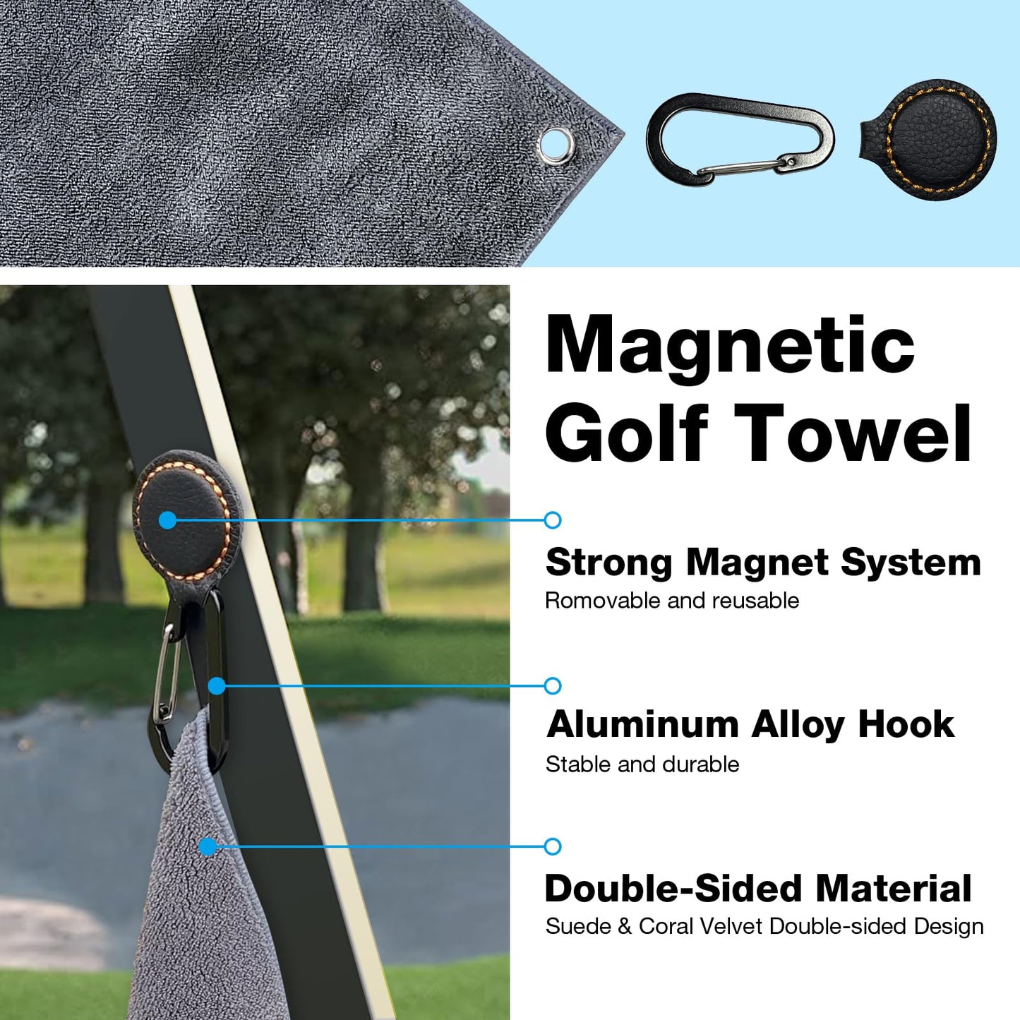 Gismelio Magnetic Golf Towel | Double-Sided Coral Velvet Thickened Towel (Grey, 2Pcs with Carabiner Clip & Magnet)