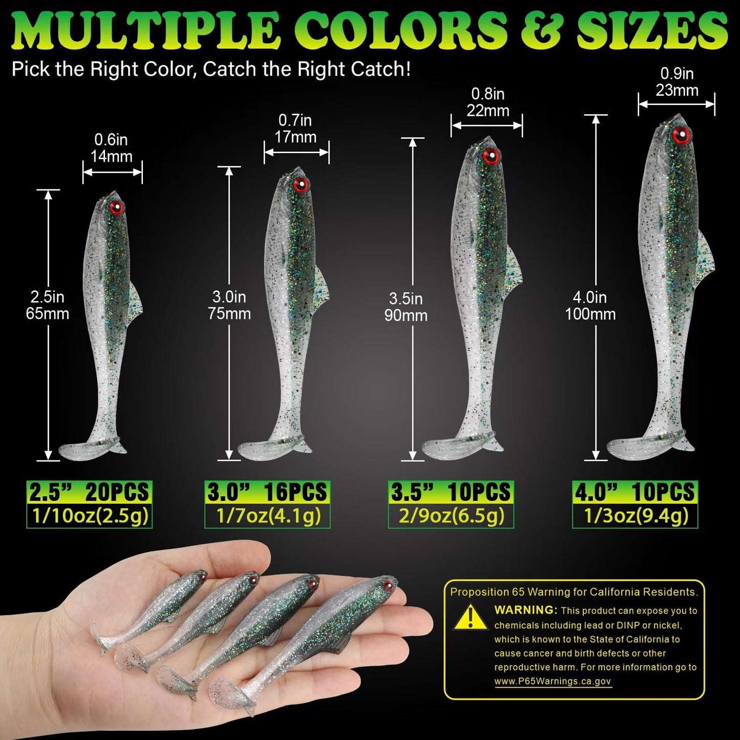 LUCKYFISHING Paddle Tail Swimbaits Soft Plastic Swimbaits Soft Baits for Bass Fishing Trout Crappie Walleye Freshwater Saltwater 10/16/20 PCS Soft Plastic Baits 4/3.5/3/2.5 Inch
