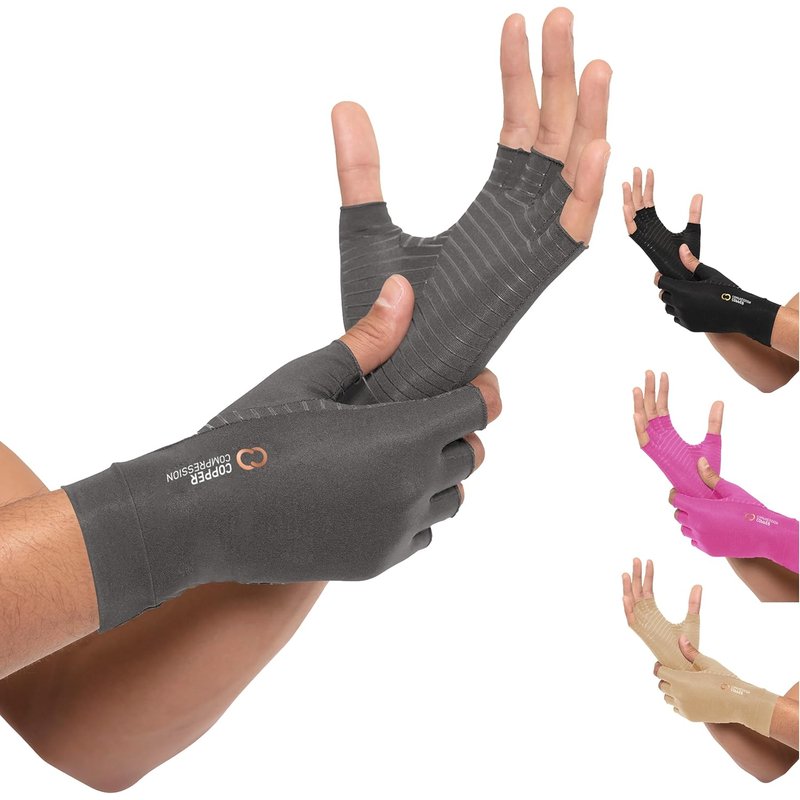 Copper Compression Arthritis Gloves - Fingerless Pain Relief for Carpal Tunnel | Hand Support for Neuropathy, Rheumatoid, Tendonitis - Grey XL