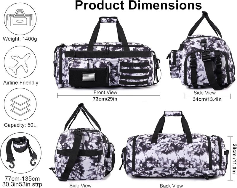 Tactical Duffle Bag for Men - 50L 3-in-1 Gym Backpack with Shoe Compartment & Laptop Sleeve | Black & White