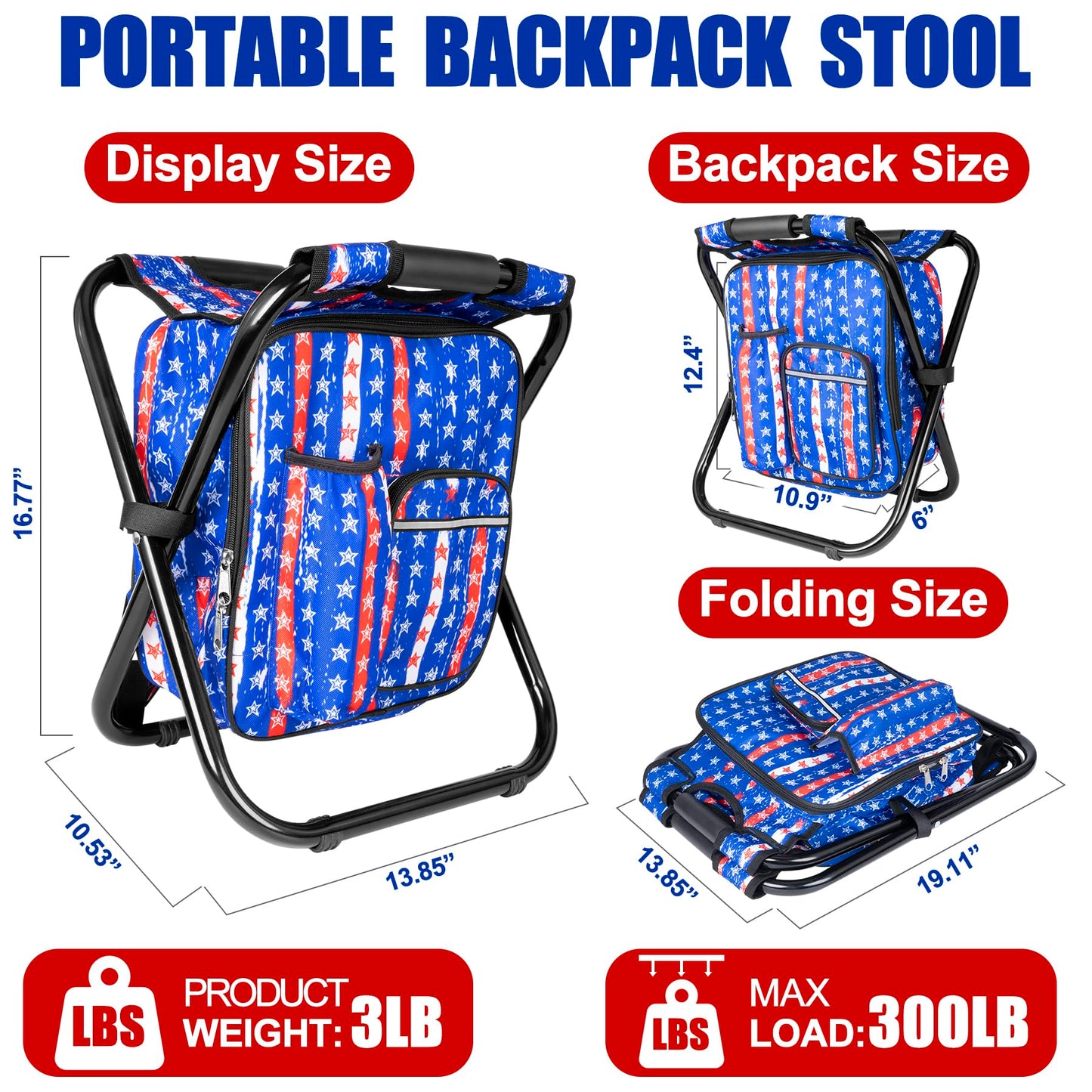 Kikerike Backpack Stool Cooler Chair Heavy Duty 300 LBS Max Load Portable Lightweight Stool Backpack Folding Fishing Cooler Seat for Camping Hunting Fishing - American Flag