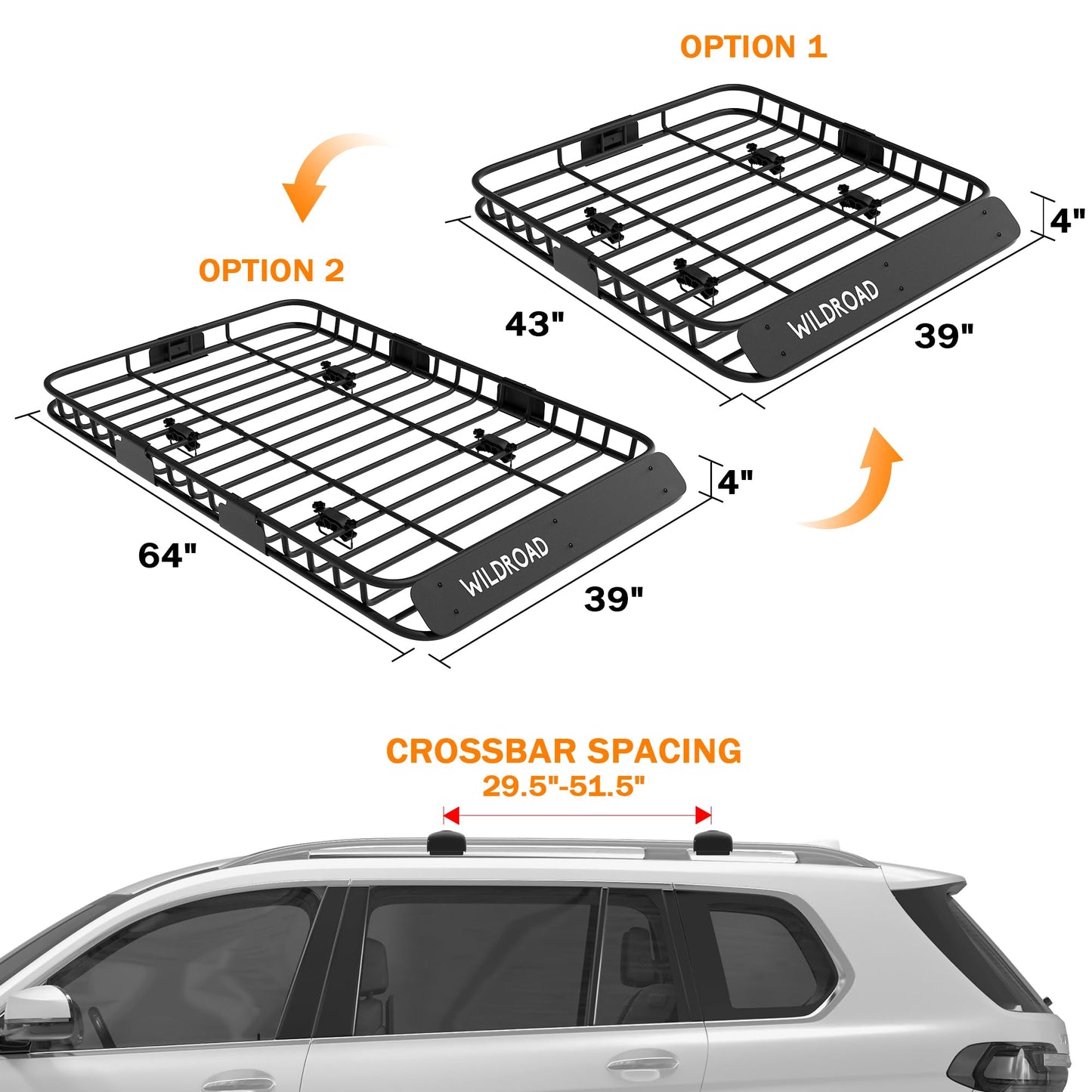 WILDROAD Car Roof Cargo Carrier Combo of Upgraded 64"x 39"x 4" Roof Rack Cargo Basket with 21 Cubic ft Ultra Waterproof Anti-Tear Fabric Cargo Carrier Bag and Super Duty Bungee Cargo Net