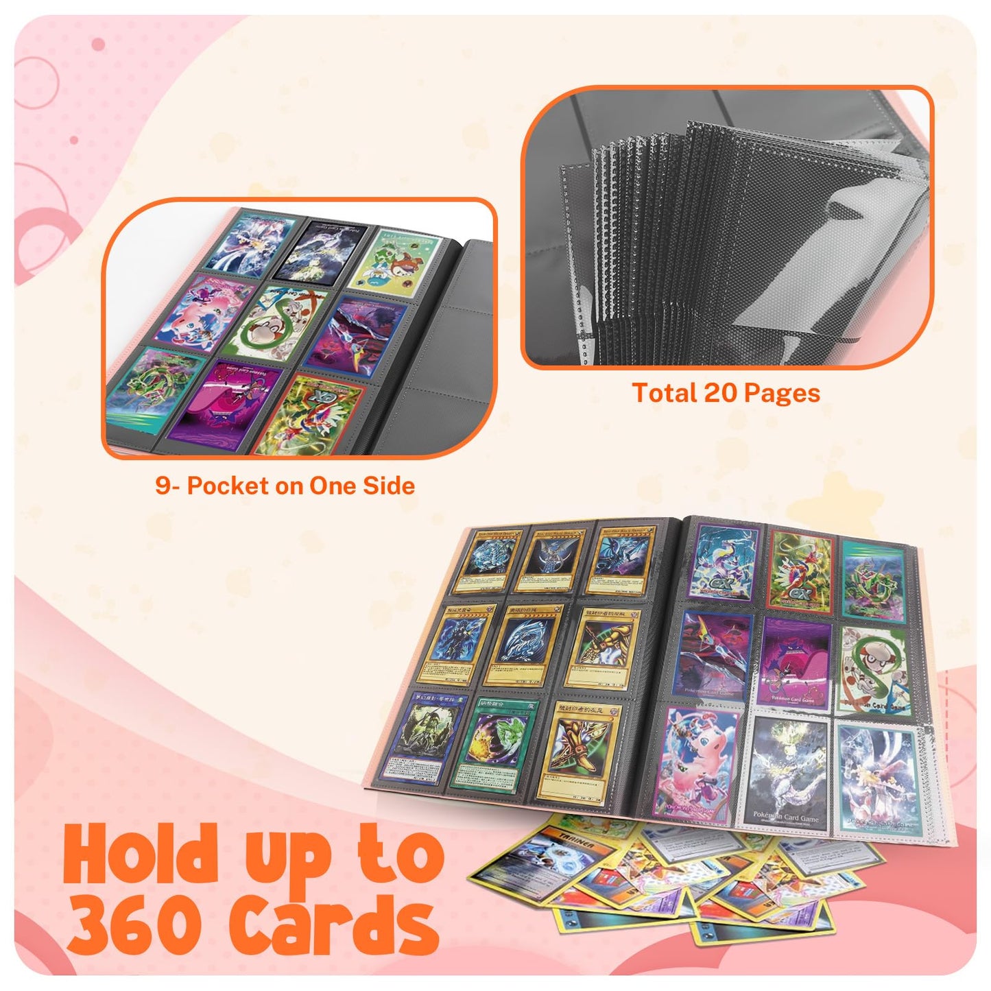 Card Binder, 9 Pocket Trading Card Album Folder, 20 Pages, 360 Card Capacity Sports Card Binder, Premium Card Binders Compatible with MTG, TCG, Baseball Cards (Pink)