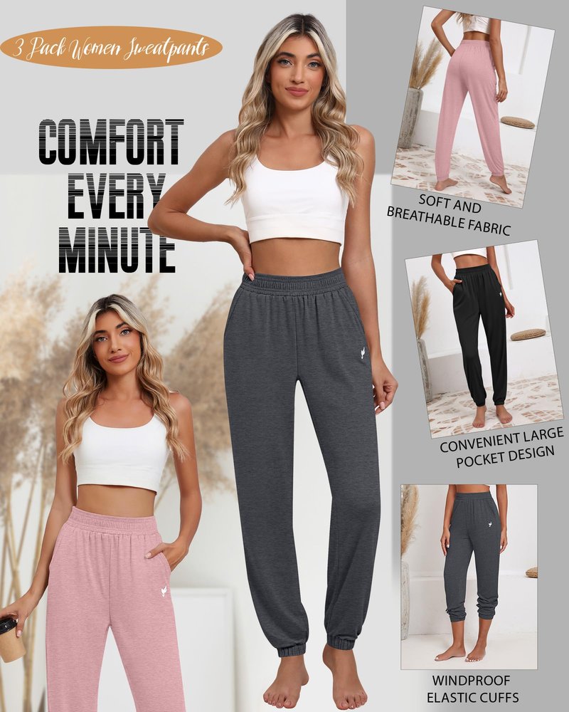 Ficerd 3 Pack Women's Sweatpants Loose Fit Joggers Elastic Tapered Leg Pants Athletic Baggy Lounge Trousers with Pockets(L,Black, Dark Gray, Pink)