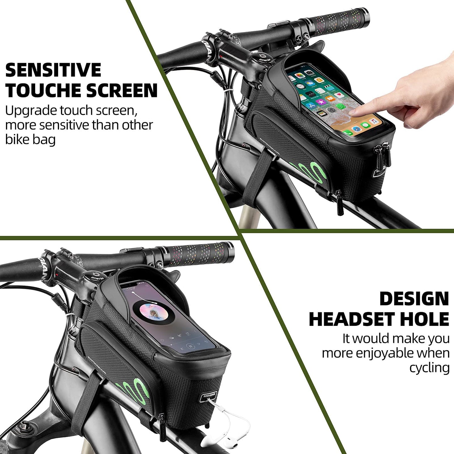 ROCKBROS Bicycle Phone Holder with Side Bags (Up to 2L) Bike Frame Bag Bike Phone Mount Bag Bike Top Tube Bag for Cycling Mountain Road Bike Pouch Accessories Storage Bag