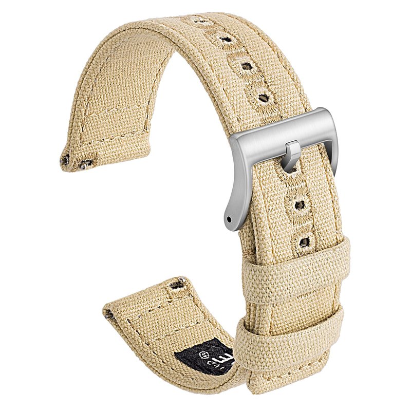 SEURE Canvas Quick Release Watch Band,Cotton Fabric Watch Straps 18mm 19mm 20mm 21mm 22mm 24mm for Men and Women(20,Khaki-silver)