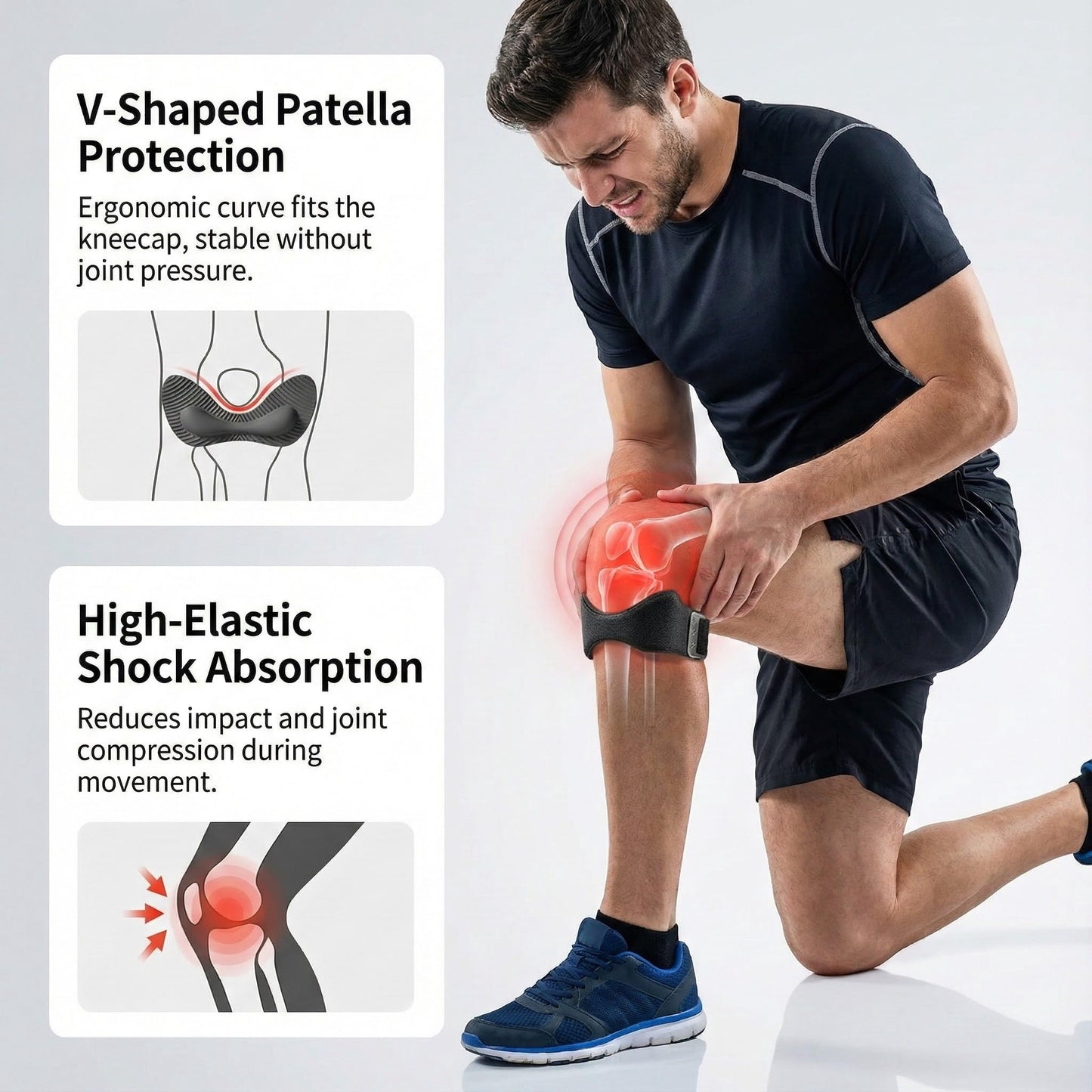 PurityLock Knee Brace for Women & Men Pain Relief 2 Pack- Adjustable V-Shaped Silicone Cushion, 3D Air Cushion for Joint Support, Non-Slip, Breathable, Patellar Tendon Support Strap (Black)