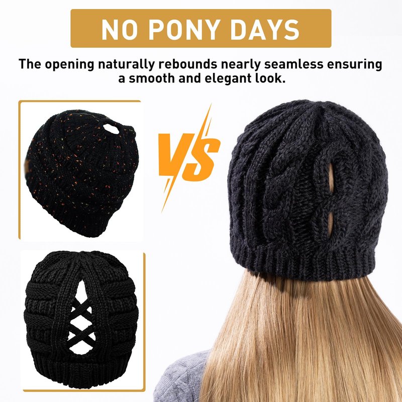 Merino Wool Blend Messy Bun High Ponytail Hole Knit Beanie Hat for Big Large Head Women Warm Winter Cap Fleece Lined Cozy Skull Girls Black