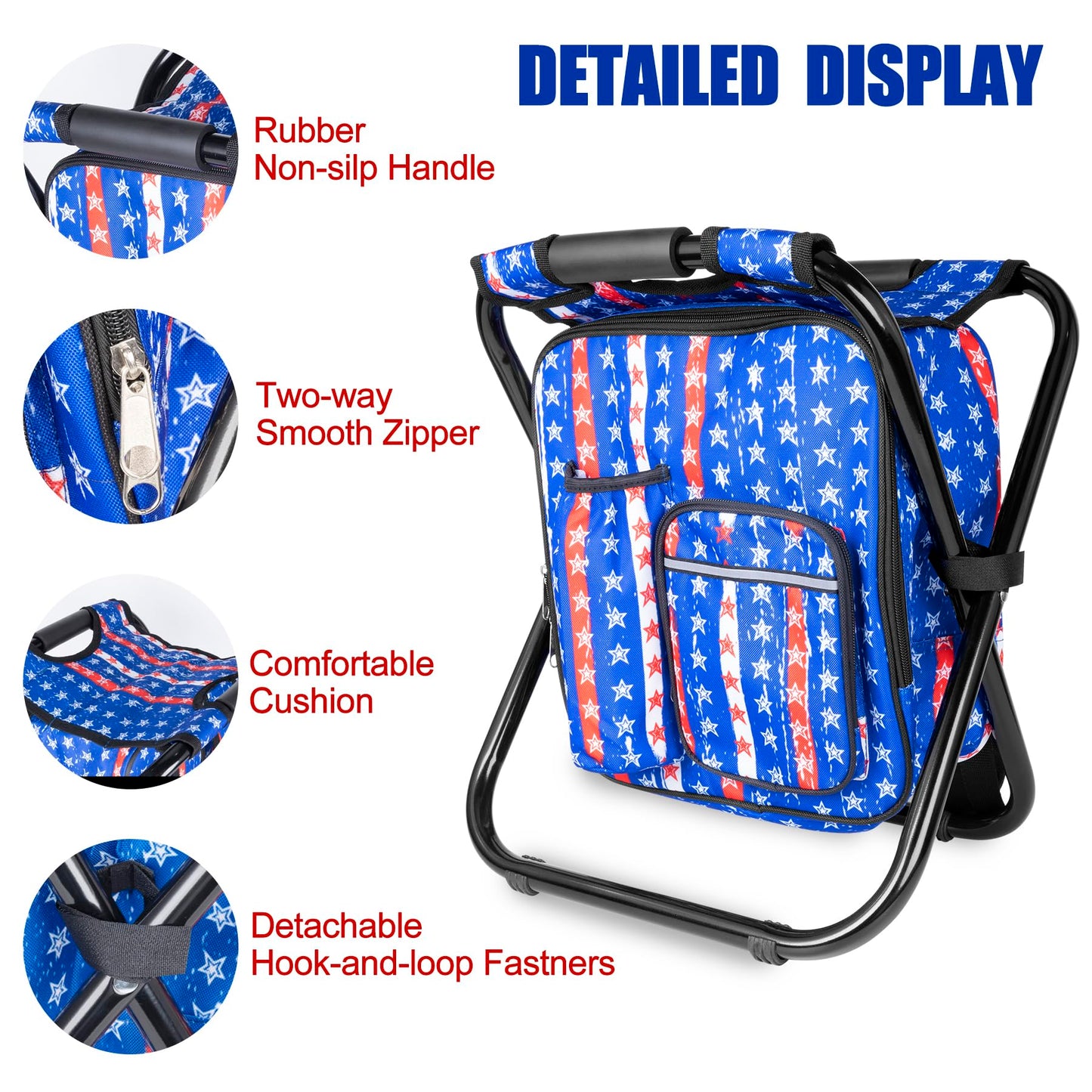 Kikerike Backpack Stool Cooler Chair Heavy Duty 300 LBS Max Load Portable Lightweight Stool Backpack Folding Fishing Cooler Seat for Camping Hunting Fishing - American Flag