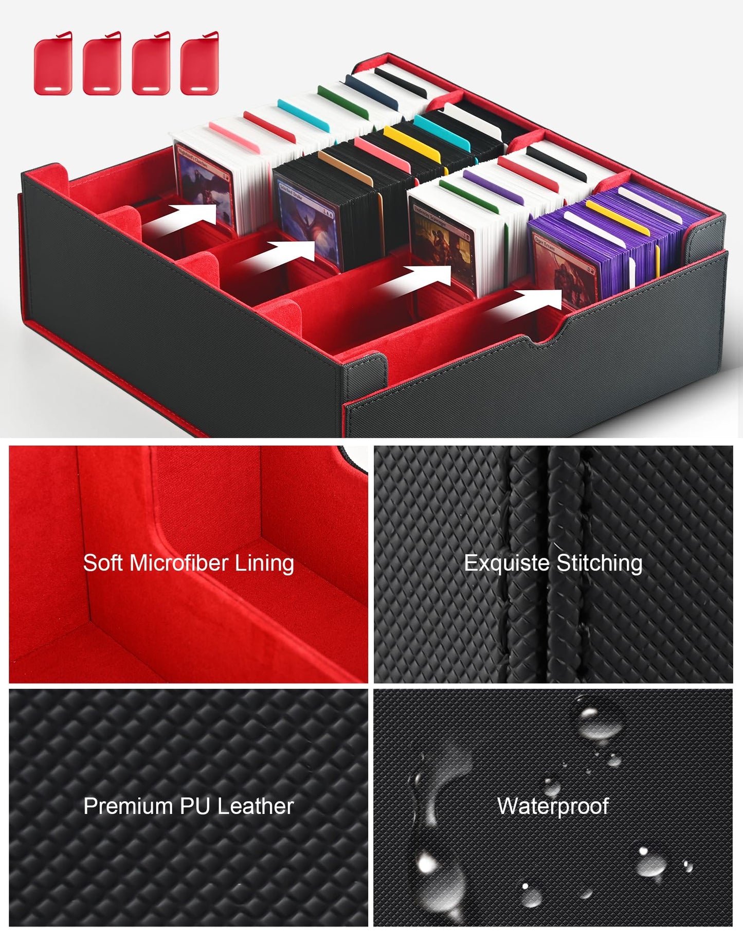 ZLCA Card Storage Box for MTG PTCG, Commander Deck Box Holds 3200+ Cards, Trading Card Storage Case with 4 Stoppers, Card Organizer for TCG Sport Cards(Black&Red)