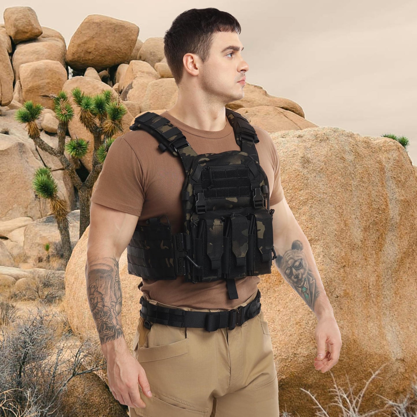 Tuxapo Tactical Molle Vests with Triple mag Pouch and Side Cummerbund Pouches, Quick Release Vests for Men