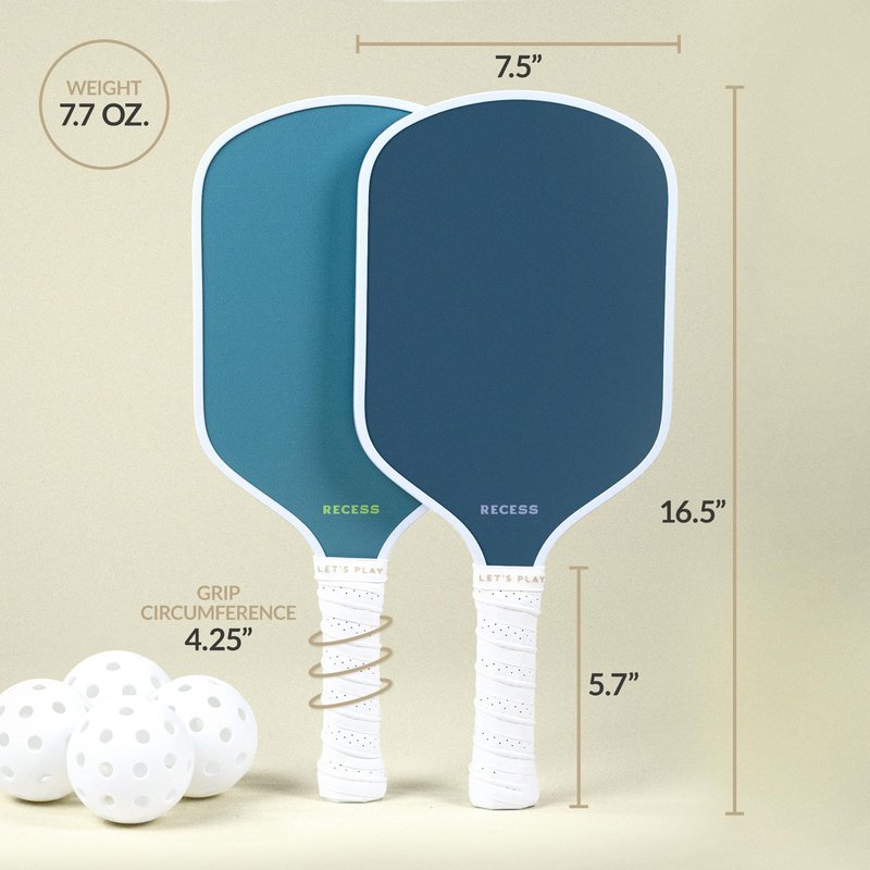 Recess Pickleball Starter Set, Premium Pickleball Paddles Set of 2 & Four (4) Pickle Balls - Strong & Durable Fiberglass, Lightweight, Honeycomb Core & Comfort Grip Handles - Perfect for Beginners