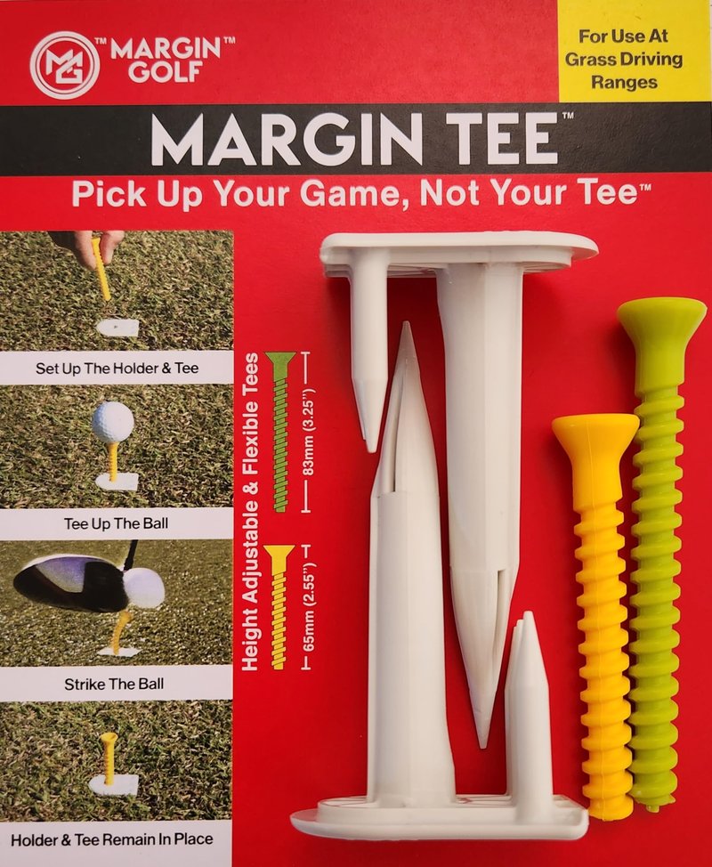 MARGIN Golf Driving Range tee Holder and Flexible Golf tees, for Grass, Automatic and Stays in Place, Height Adjustable, consistent tee Height, virtually Unbreakable Plastic tees 2 1/2" & 3 1/4"