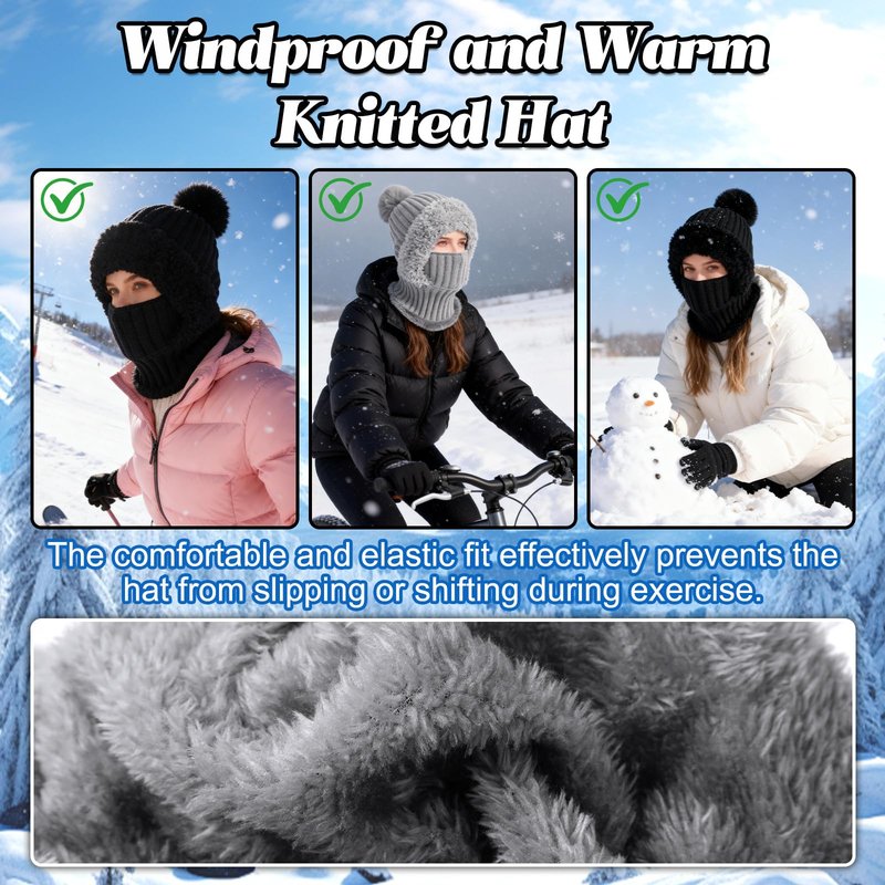 3 in 1 Beanie Hat for Women,Upgrade Cold Resistant Beanie Hat,Winter Warm Knitted Balaclava Scarf with Face Cover,Wind-Proof for Autumn and Winter(Black)
