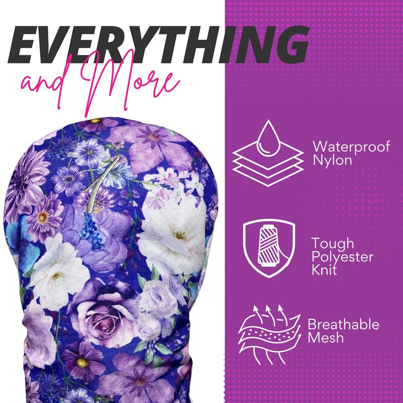 Taboo Fashions Designer Resort Golf Club Covers for Women - Numbered Golf Headcovers Set for Driver, Woods & Hybrid - Weather/Moisture Resistant Protection, Pack of 4 (Purple Petals)