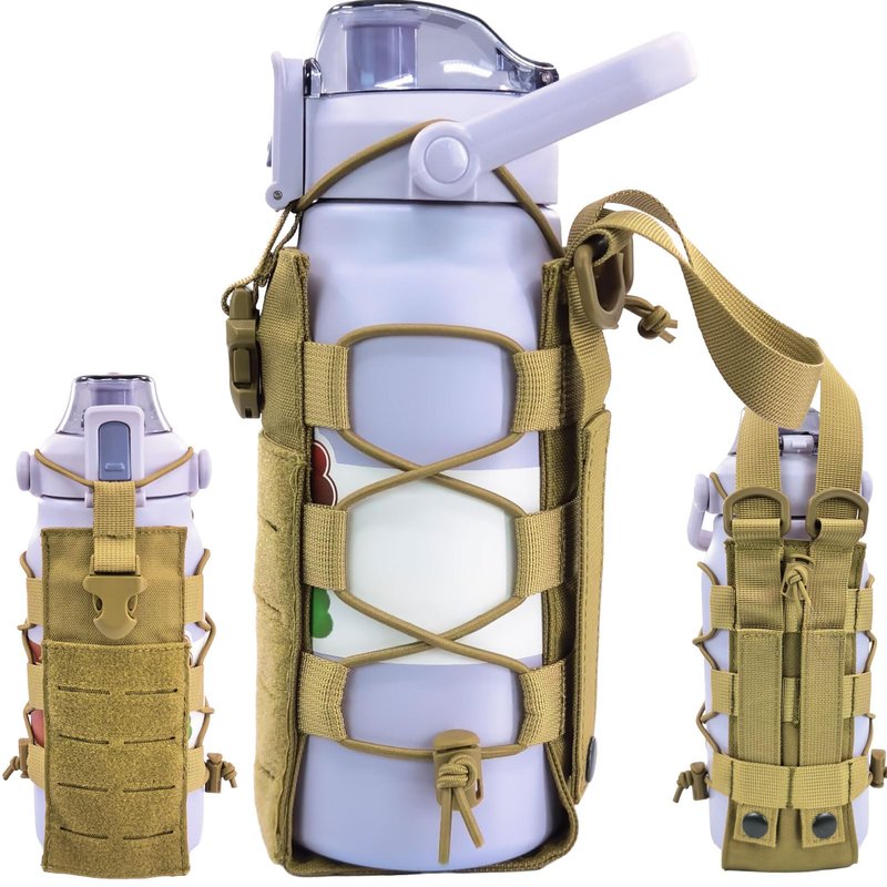Widenyard Molle Water Bottle Holder Pouch, 16-44 oz Adjustable Capacity Tactical Bottle Bag, Compatible with Backpack, Vest, Belt for Outdoor Activities (Brown, Basic)