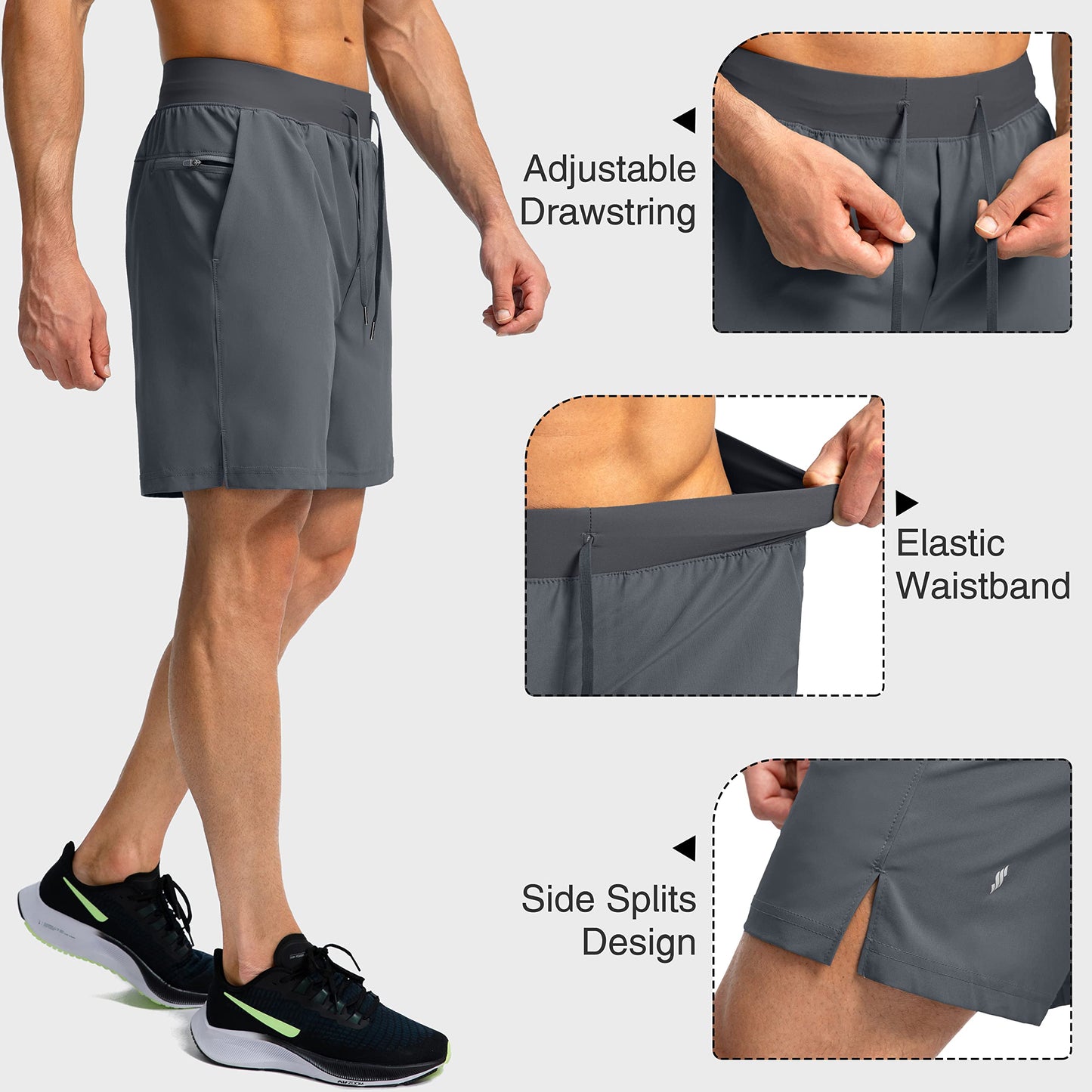 Soothfeel Men's Running Shorts with Zipper Pockets 7 Inch Lightweight Quick Dry Gym Athletic Workout Shorts for Men (Grey, L)