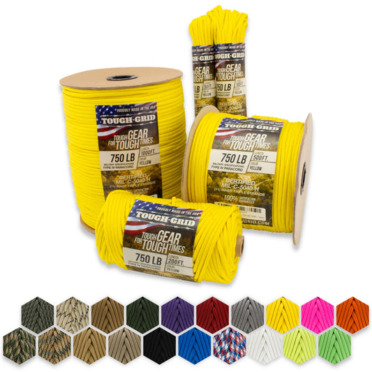 TOUGH-GRID 750lb Paracord/Parachute Cord - 100% Nylon Mil-Spec Type IV Paracord Used by The US Military, Great for Bracelets and Lanyards, 200Ft. - Yellow