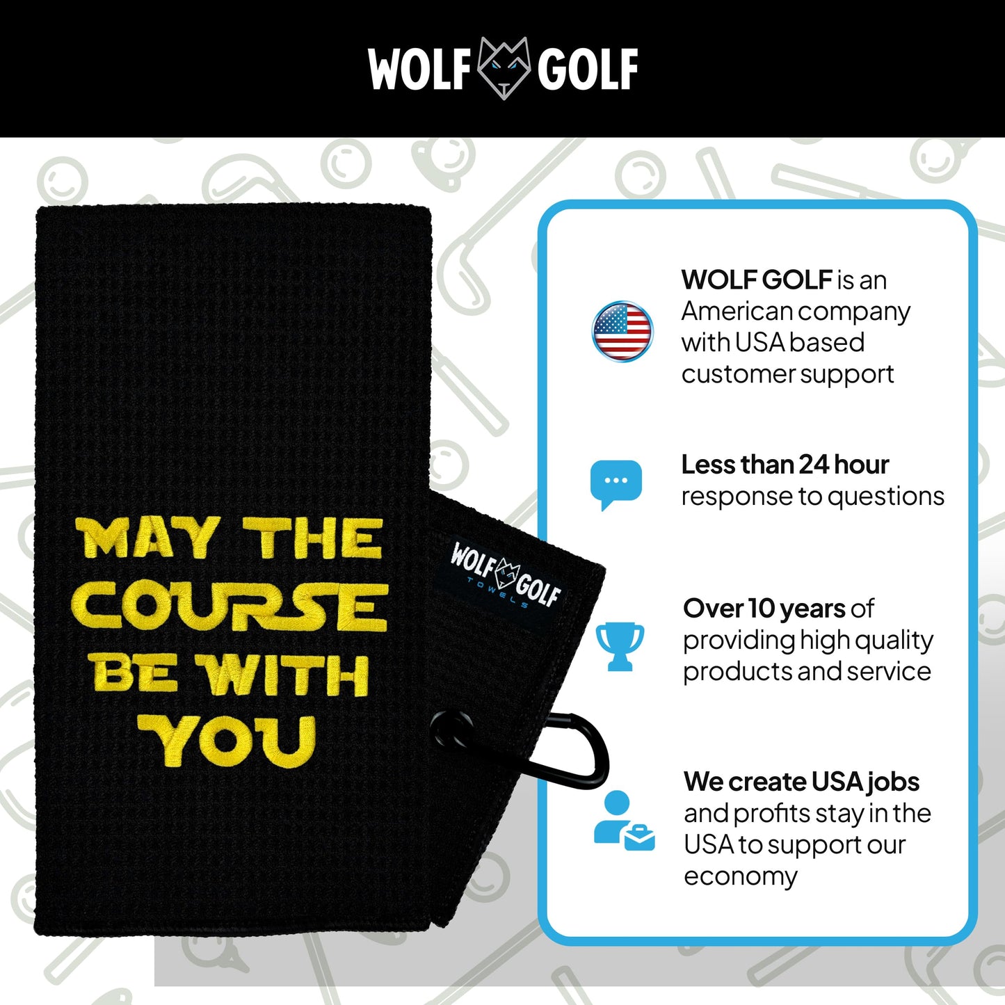 Wolf Golf Towels May The Course Be with You Golf Towel | Embroidered in USA | Golf Accessories for Men or Women