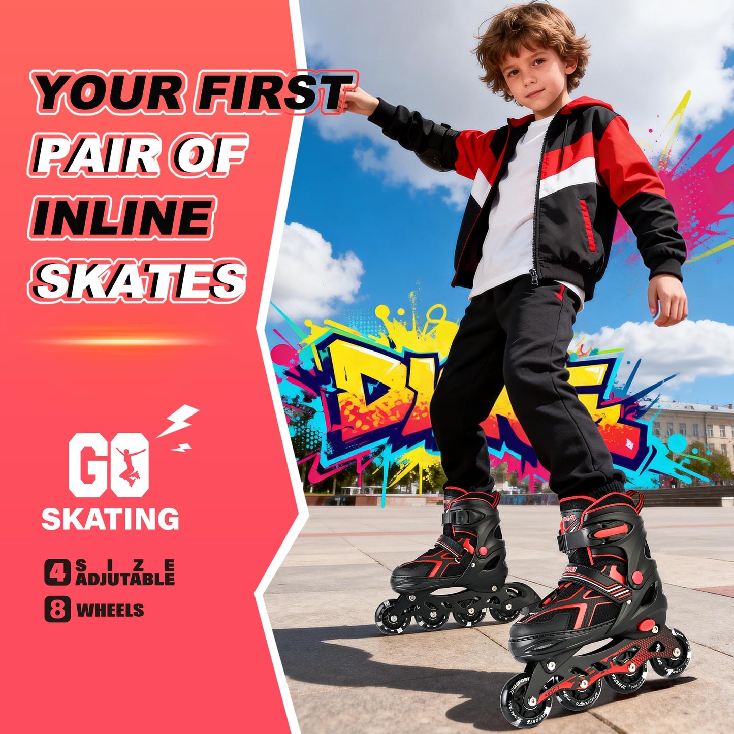 2PM SPORTS Inline Skates for Boys Kids Girls Ages 5-8 8-12 4-6 6-12 with Light Up Wheels, Adjustable Kids Roller Skates Blades for Adults Women Female Beginners Youths Red, Medium - Big Kid (1-4 US)