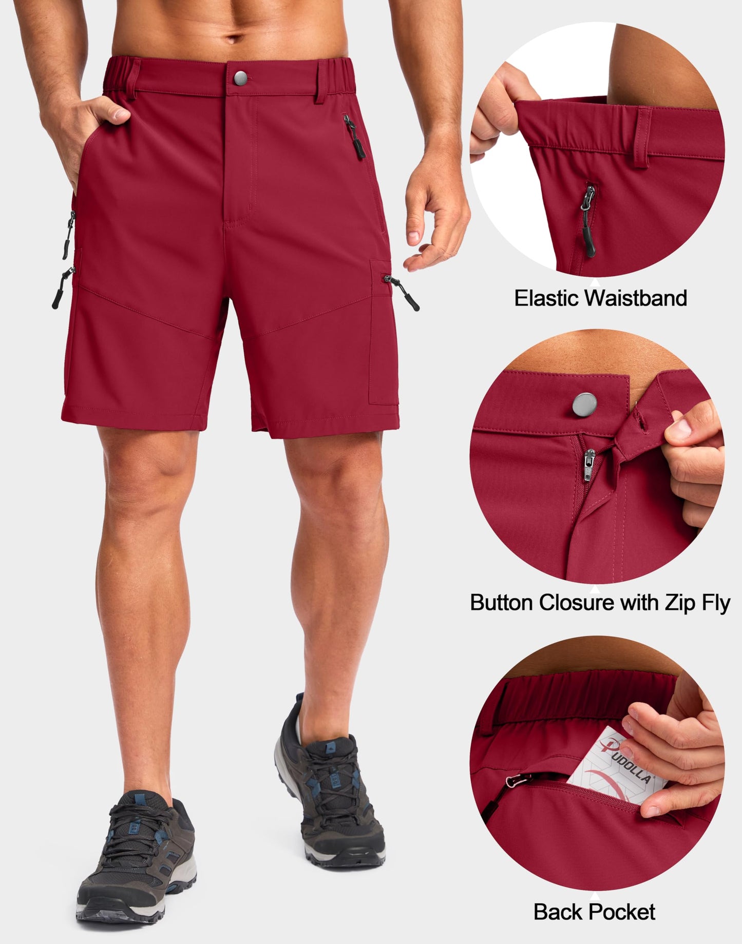 Pudolla Men's Hiking Cargo Shorts Lightweight 7" Travel Casual Shorts for Men Golf Work Outdoor with 5 Zipper Pockets(Red 3X-Large)