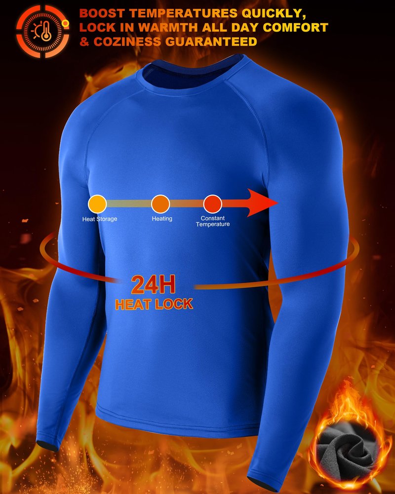 EoBeKee Mens Thermal Compression Shirts, Warm Long Sleeve Fleece Lined Tops Athletic Base Layer for Running Cold Weather Royal Blue