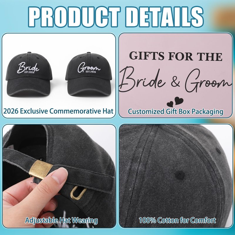 Zhamate Bride and Groom Hats for Wedding Gifts 2026 Adjustable Embroidered Engagement Honeymoon Newlyweds Baseball Caps for Couples Honeymoon Anniversary Black