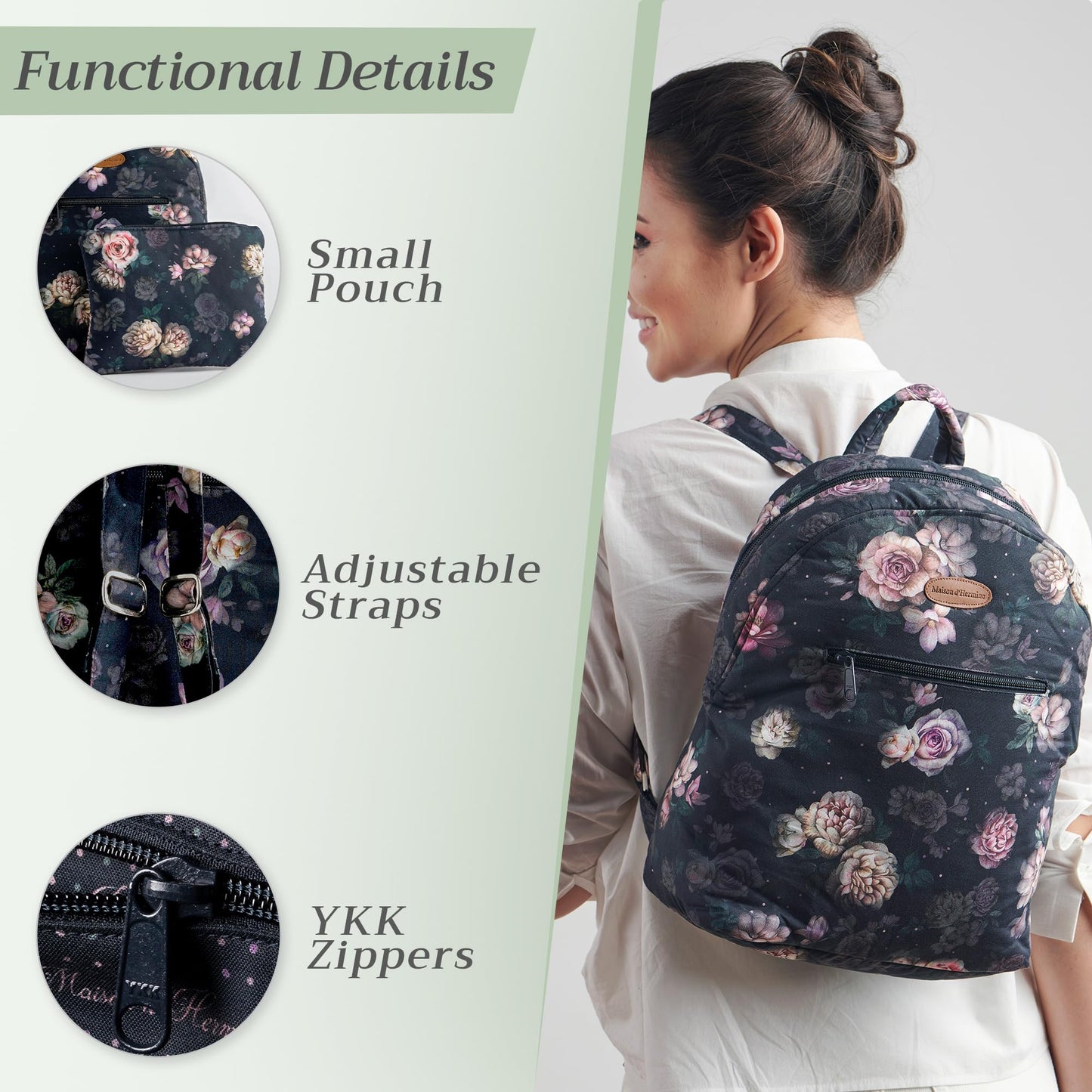 Maison d' Hermine Backpack for Women Men Cotton Shoulder Multipurpose Rucksack with Small Pouch Lightweight Multi Pocket Bag for Travel Work Beach Perfect for Spring Summer (Moody Florals)