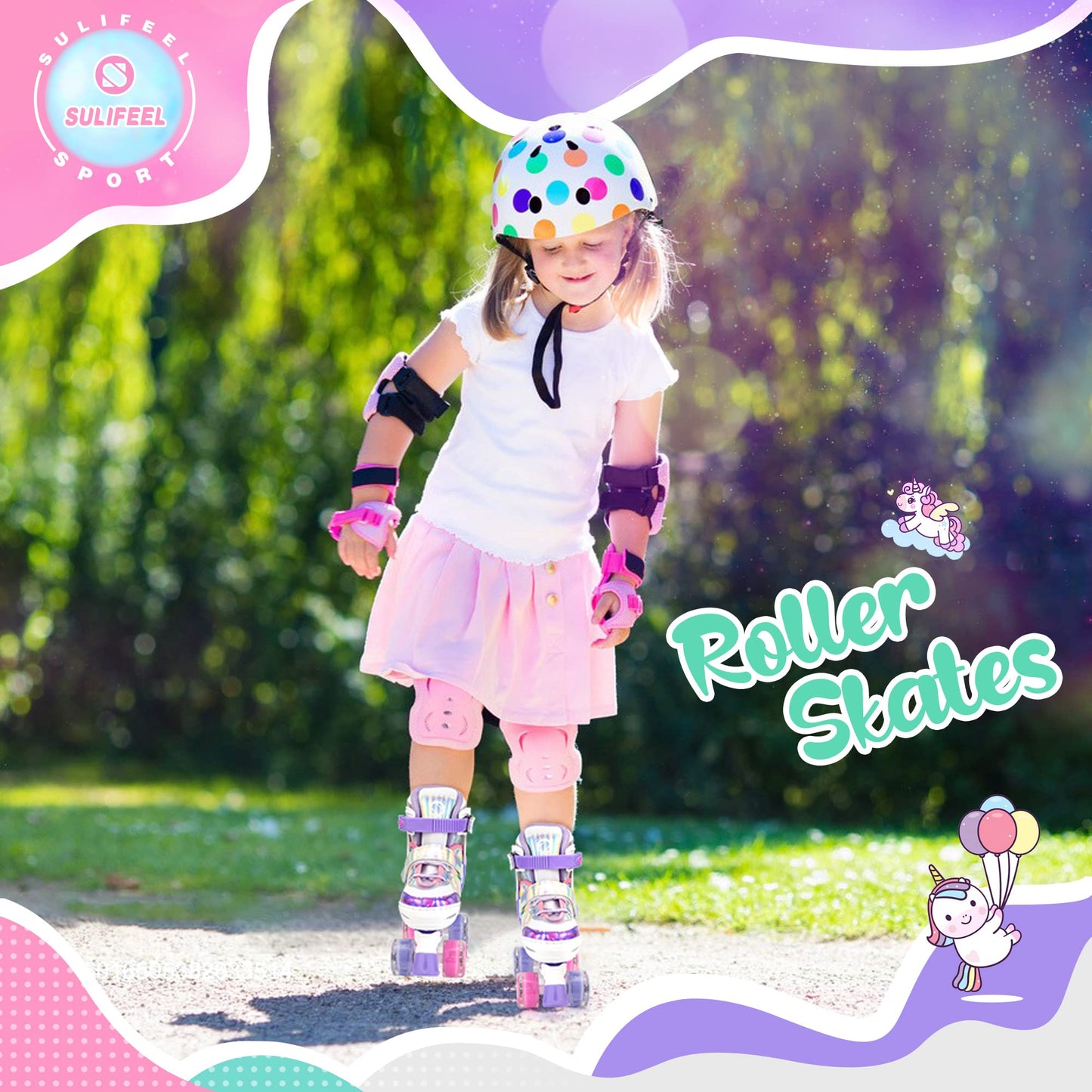 SULIFEEL Rainbow Unicorn 4 Size Adjustable Light up Roller Skates for Girls Boys for Kids Purple Medium