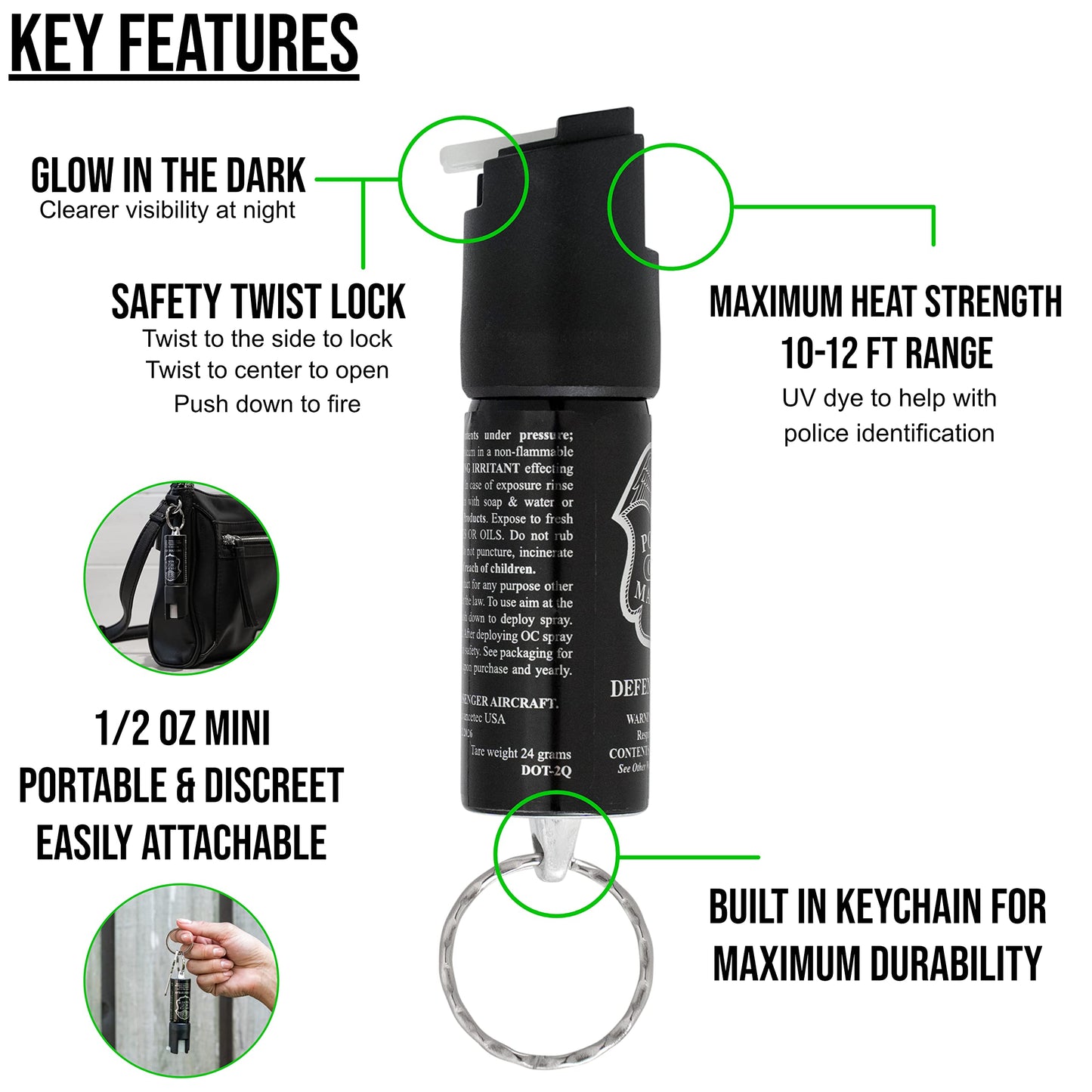 Police Magnum Mini Pepper Spray Self Defense Safety Tool- Strong Built-in Keyring Holder- Small Discreet Canister Case- Made in The USA- 1 Pack 1/2oz Glow in Dark Twist Lock Keyring