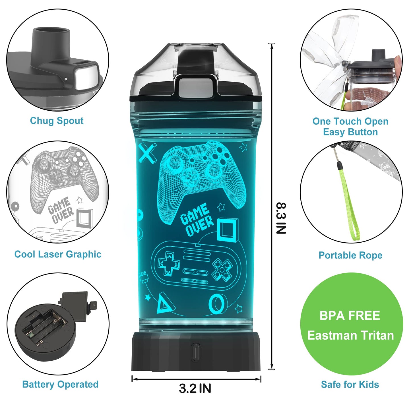 Lightzz Kids Water Bottle with 3D Glowing Game Console LED Light - Tritan BPA Free - Travel Cup Gift for Back to School Girl Boy Child Holiday Camping Picnic - 14 Oz