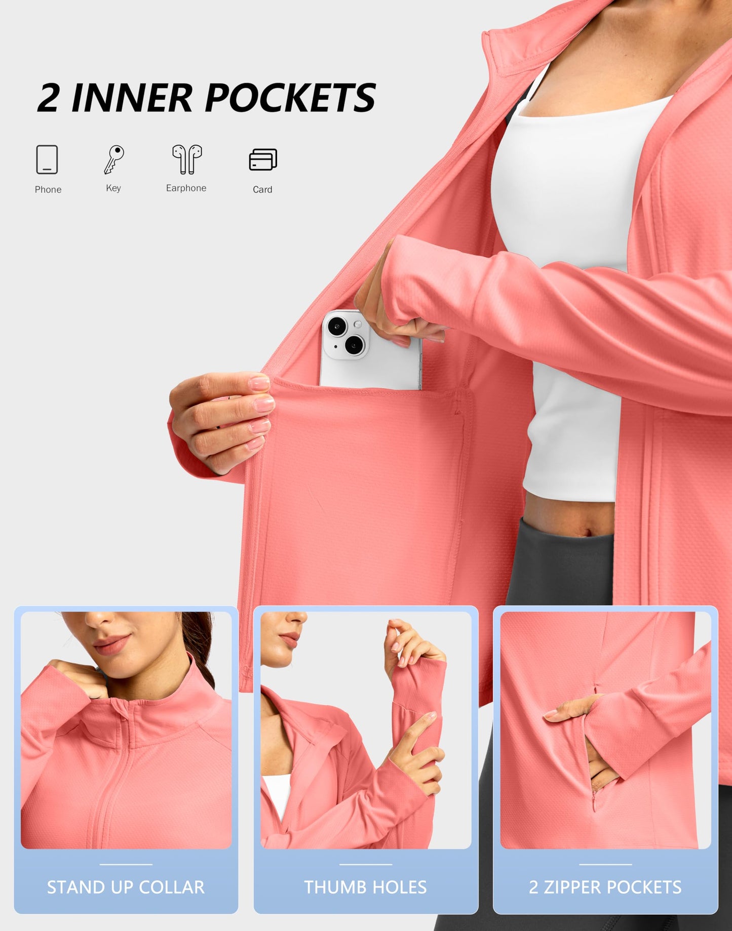 G Gradual Women's UPF 50+ Lightweight Athletic Jacket Sun Protection Zip Up 4 Pockets Long Sleeve Shirts Workout Running, Pink Coral, M