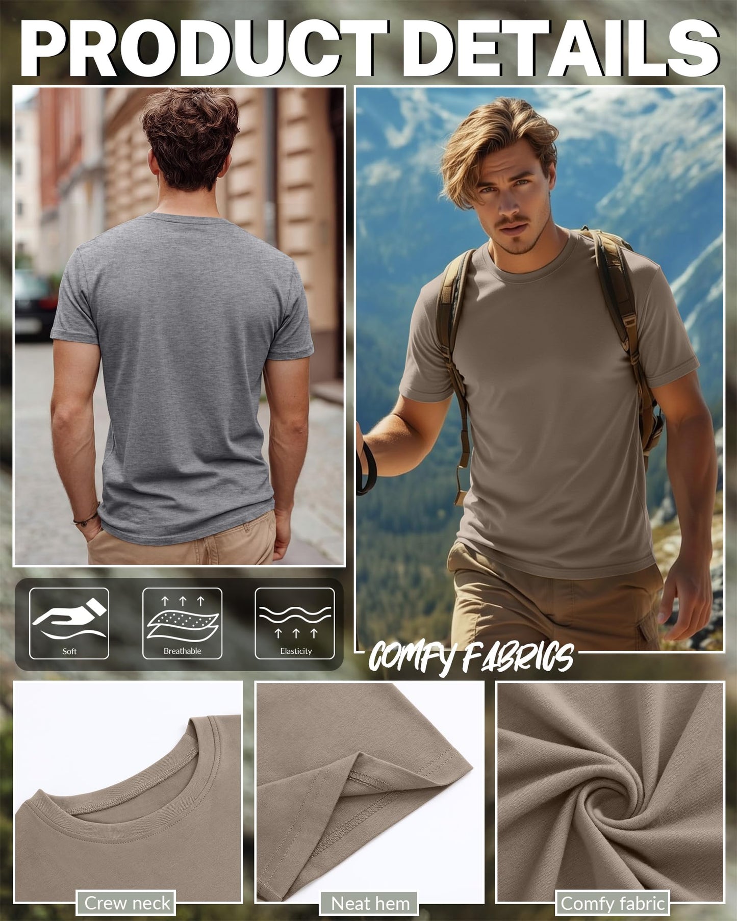 Ficerd 5 Pack Men's Big and Tall Shirts Short Sleeve Cotton Tee Summer Crew Neck Oversize Top Loose Fit Shirt Multipack