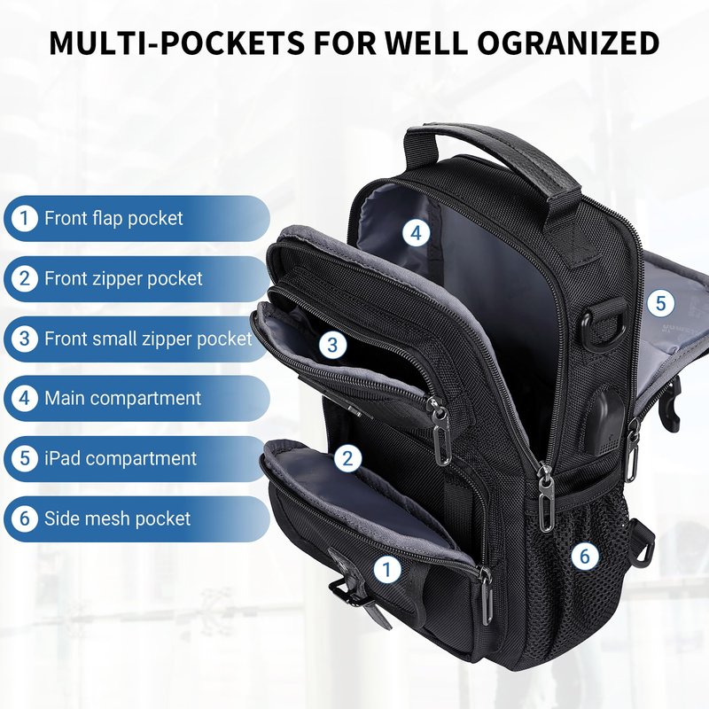 WITZMAN Sling Bag for Men Convertible Travel Sling Backpack USB Charging Port Lightweight Crossbody Bags Casual Daypack（B698 Black）