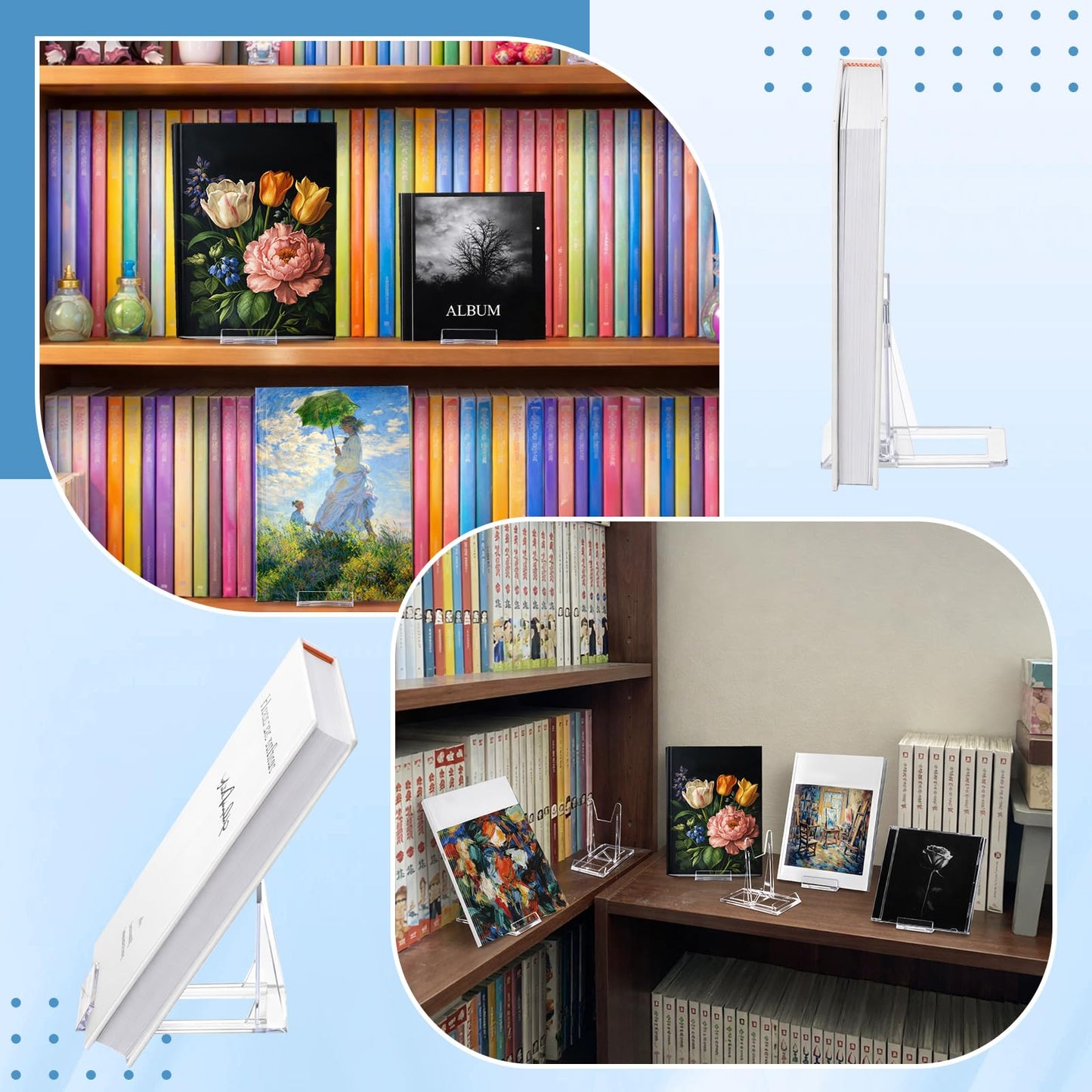 Hushee 15 Pack Acrylic Book Stand for Display Adjustable Clear Book Display Holder Easel Rack Stand for Home Office Back to School Library Bookshelf Comic Album CD Magazine Postcard Artworks