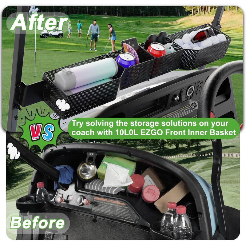 10L0L Golf Cart Front Inner Basket for EZGO TXT & RXV - Steel Mesh Dash Tray Organizer with Multiple Compartments, Fits Freedom & Valor Models