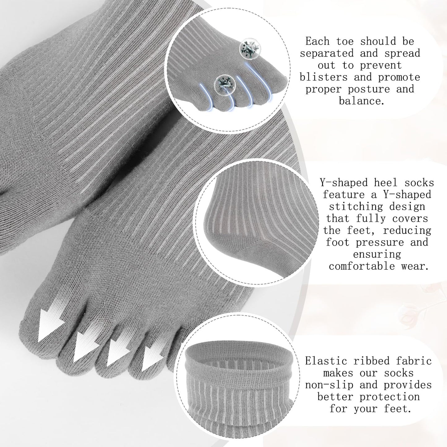 Janmercy 4 Pairs Five Toe Sock Women, Finger Cotton Crew Split Stretchy Slouch Sock, Toe Separator, Knee High Stacked Socks (Black,White,Gray,Dark Gray)