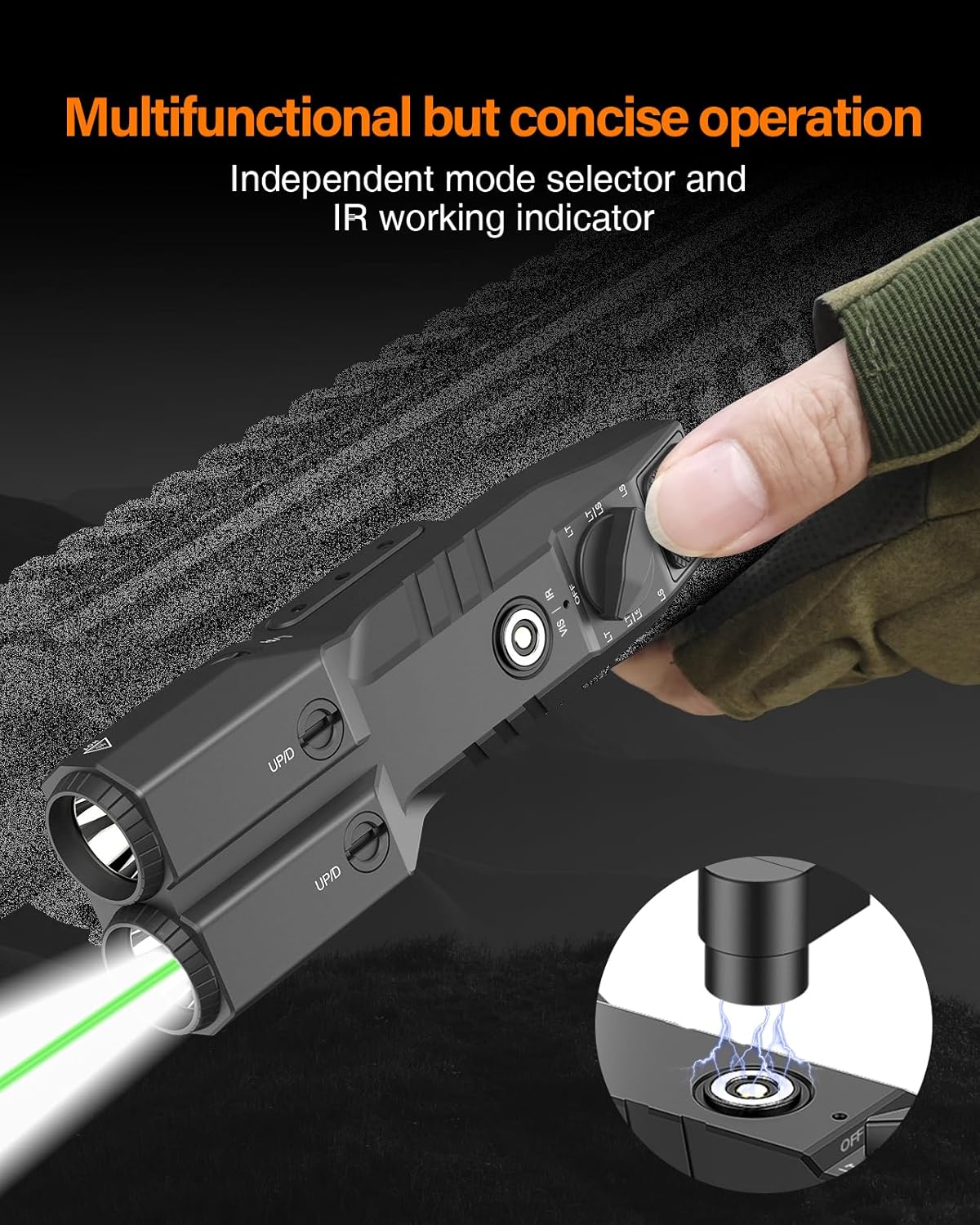Tactical Flashlight with Green Laser | 940nm IR Illuminator & Rechargeable Low Profile Light for Rifles