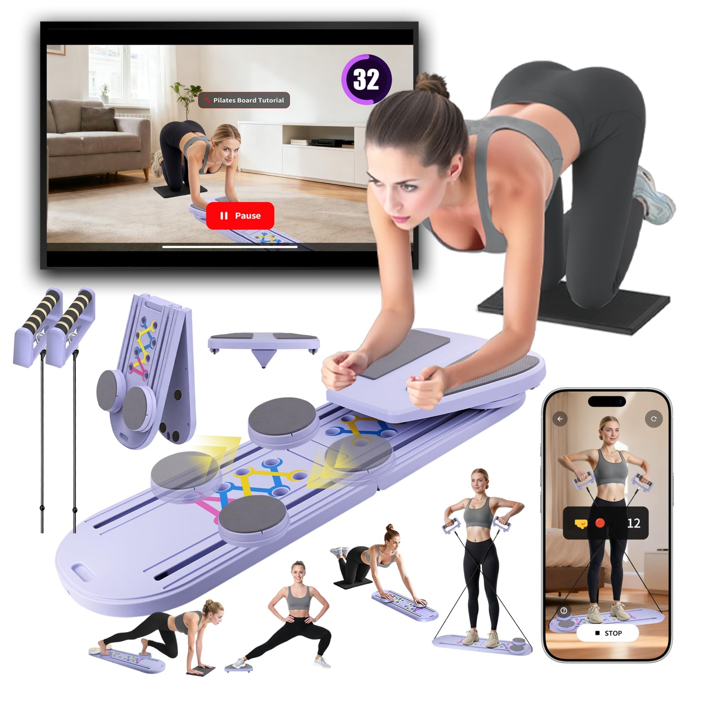 Plymax Pilates Board | Mini Pilates Reformer Portable Foldable Pilates Equipment for Home Workout Women & Men | 6-in-1 Pilates Reformer Machine with AI Motion Counter App & Tutorial