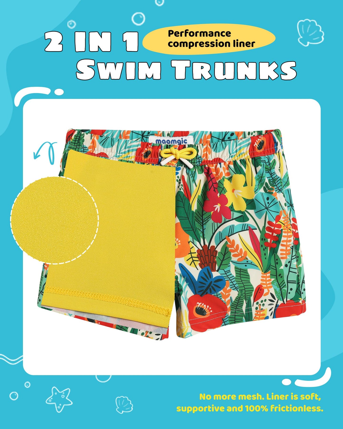 maamgic Boys Swim Trunks with Compression Liner Toddler Stretch Swim Shorts Quick Dry Swimming Trunks Boxer Brief 2 in 1 Beach Shorts Flower Garden 3T