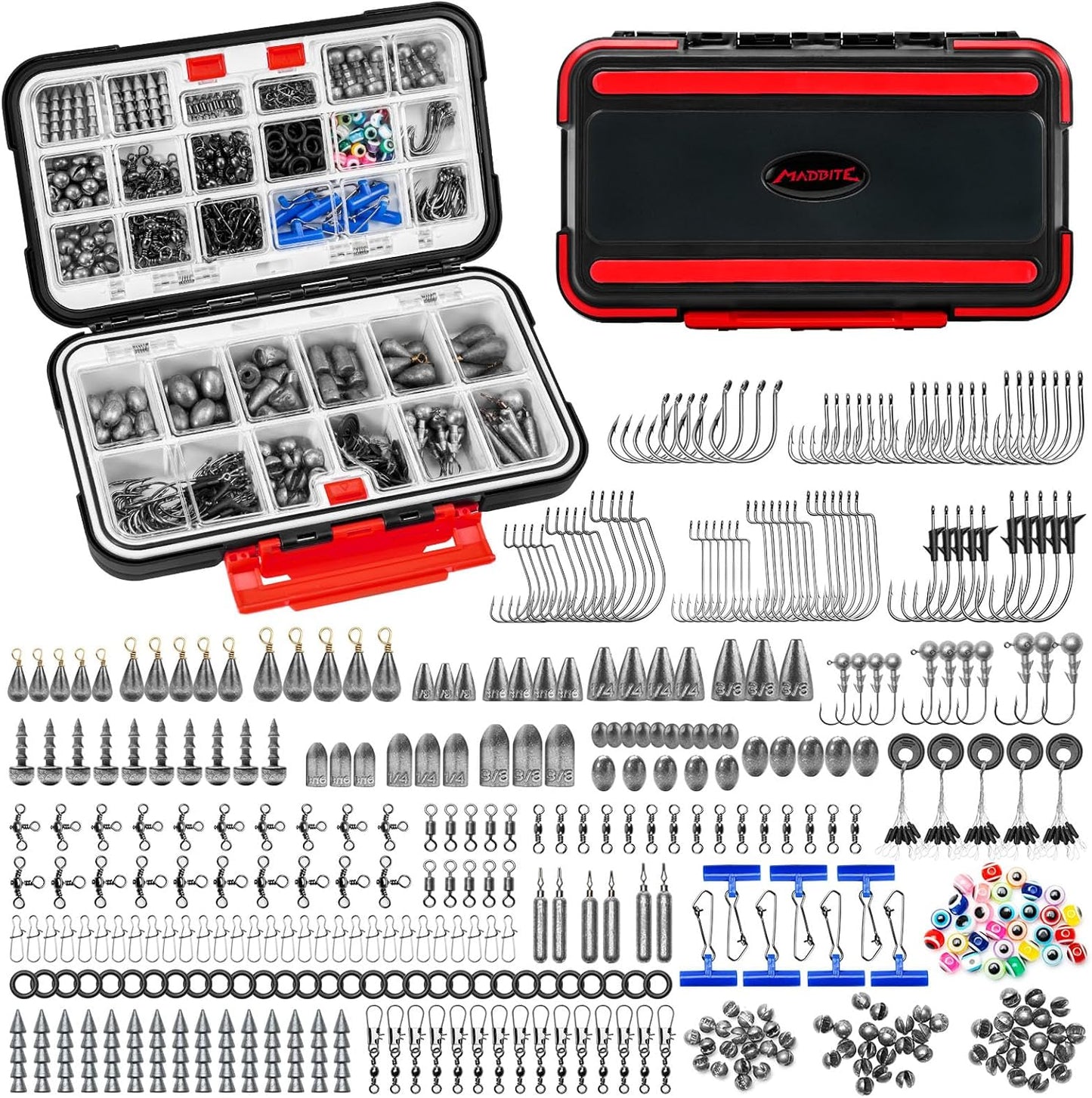 MadBite Fishing Tackle Kit - 182/265/400pcs All-in-One Freshwater Hooks & Weights | Compact Gear Set for Bass & Trout