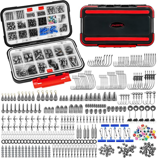 MadBite Fishing Tackle Kit - 182/265/400pcs All-in-One Freshwater Hooks & Weights | Compact Gear Set for Bass & Trout