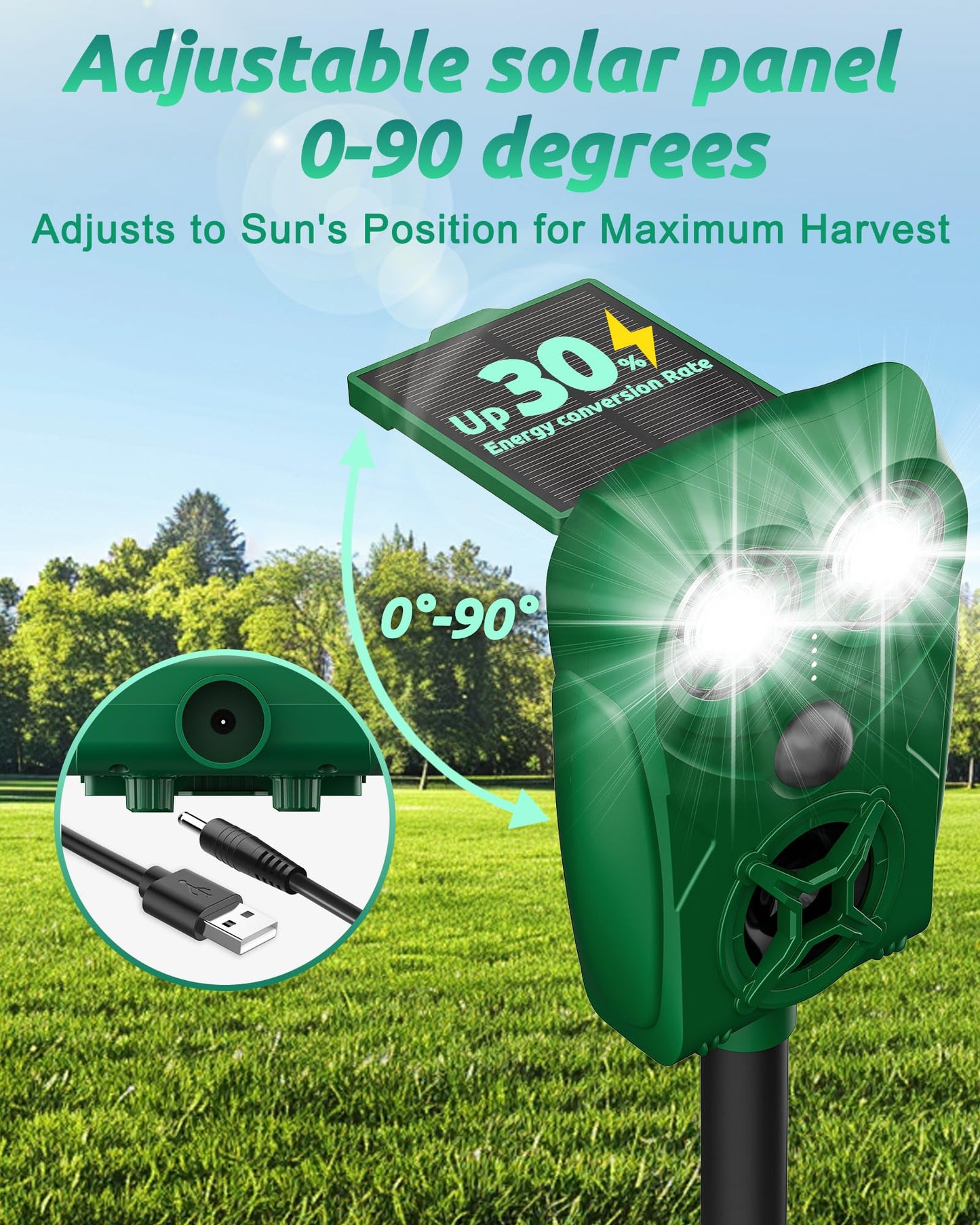 G-Jyuncyou Solar Animal Repellent Ultrasonic Deer Deterrent - Waterproof Adjustable Large Solar Panel with Power Indicator, Motion Sensor & Outdoor Animal Repeller to Deter Cat, Coyote, Raccoon, 2PC