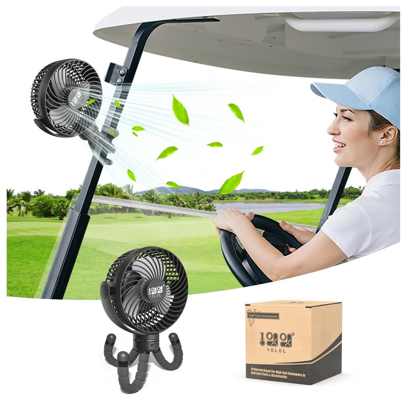 10L0L Universal Golf Cart Fan Fits Yamaha/EZGO/Club Car, Octopus Shape 360°Degree Rotational Fan, 3 Speed Adjustment, Support for Reverse Charging and Emergency Lighting-Black